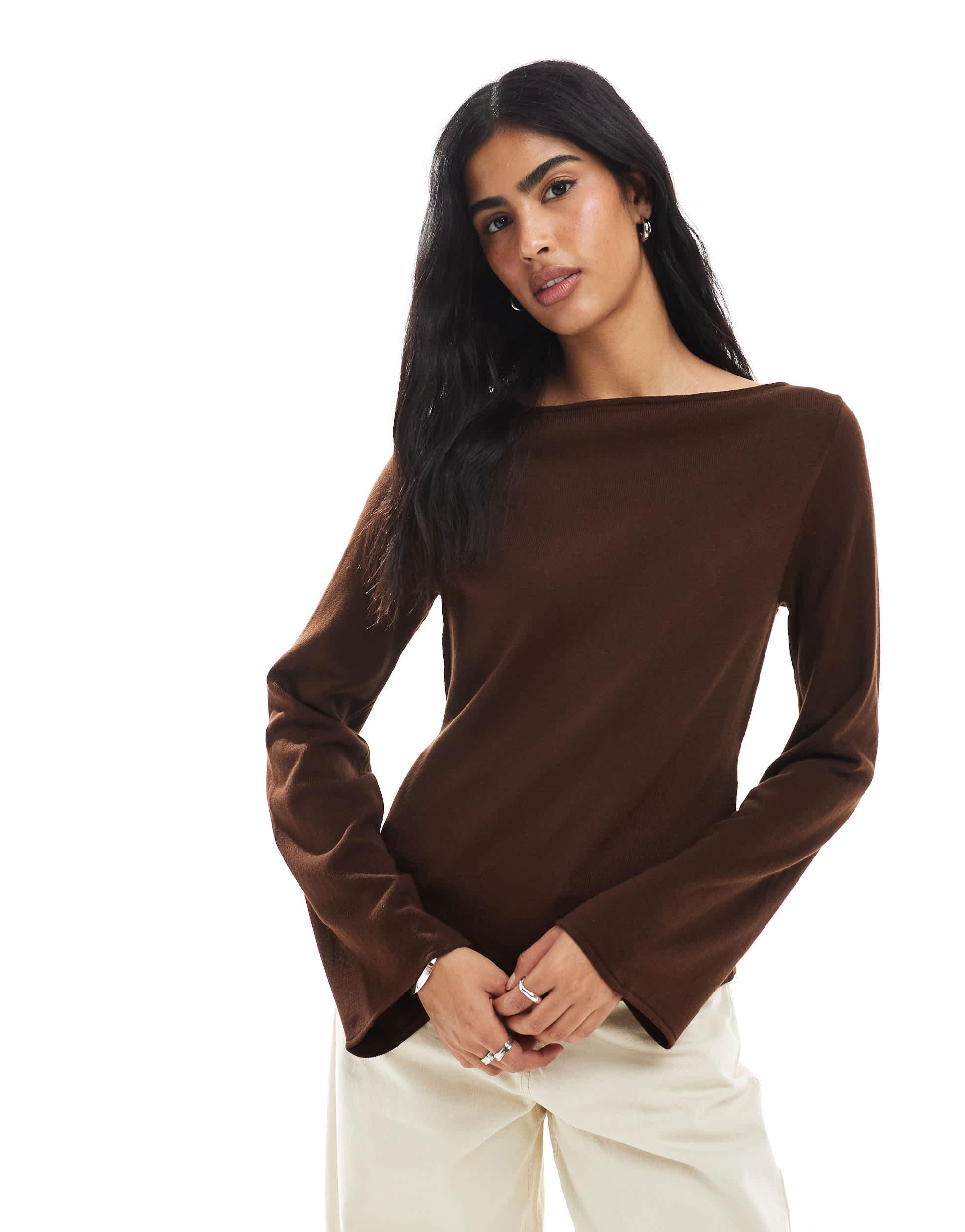 ASOS Open Neck Knitted Top With Tie Back Cinched Waist in Brown