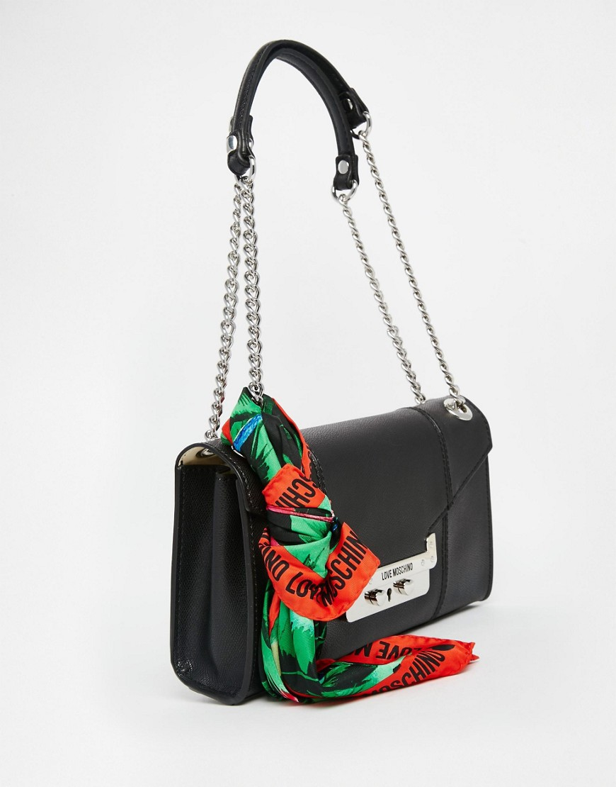 Love Moschino Leather Shoulder Bag With Chain Straps And Scarf in Black