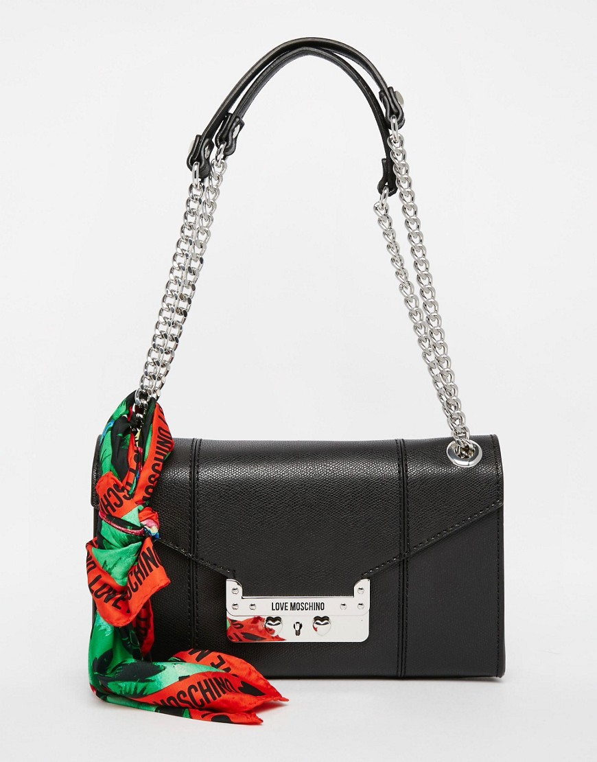 Love Moschino Leather Shoulder Bag With Chain Straps And Scarf in Black