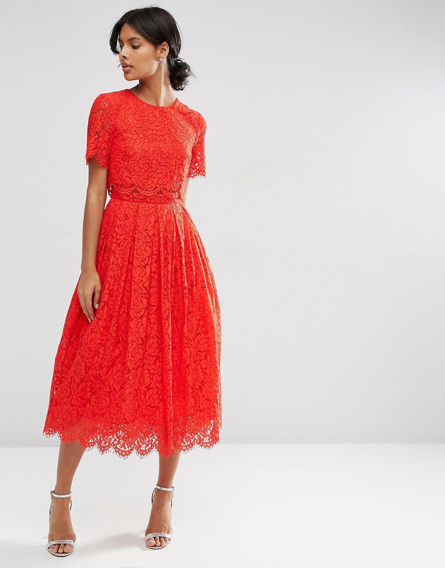 Lyst Asos  Lace Crop Top Midi Prom  Dress  in Red