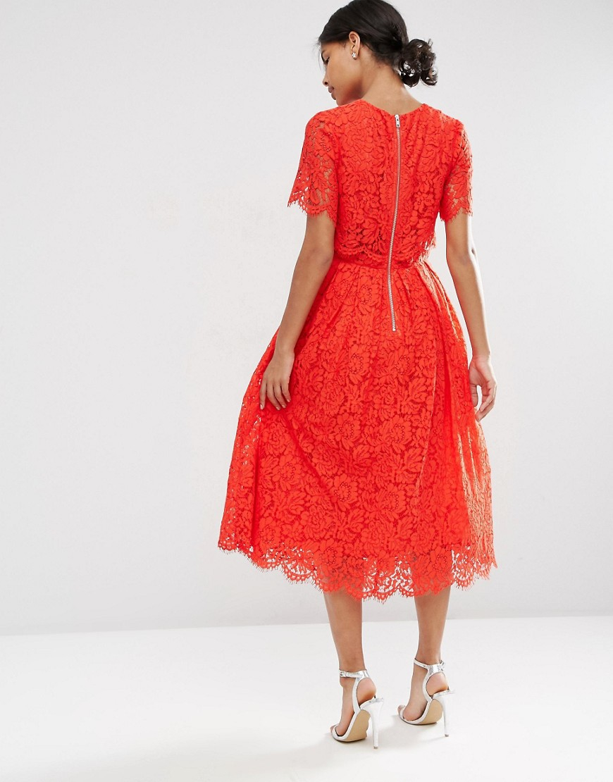 ASOS Lace Crop Top Midi Prom Dress in Red - Lyst