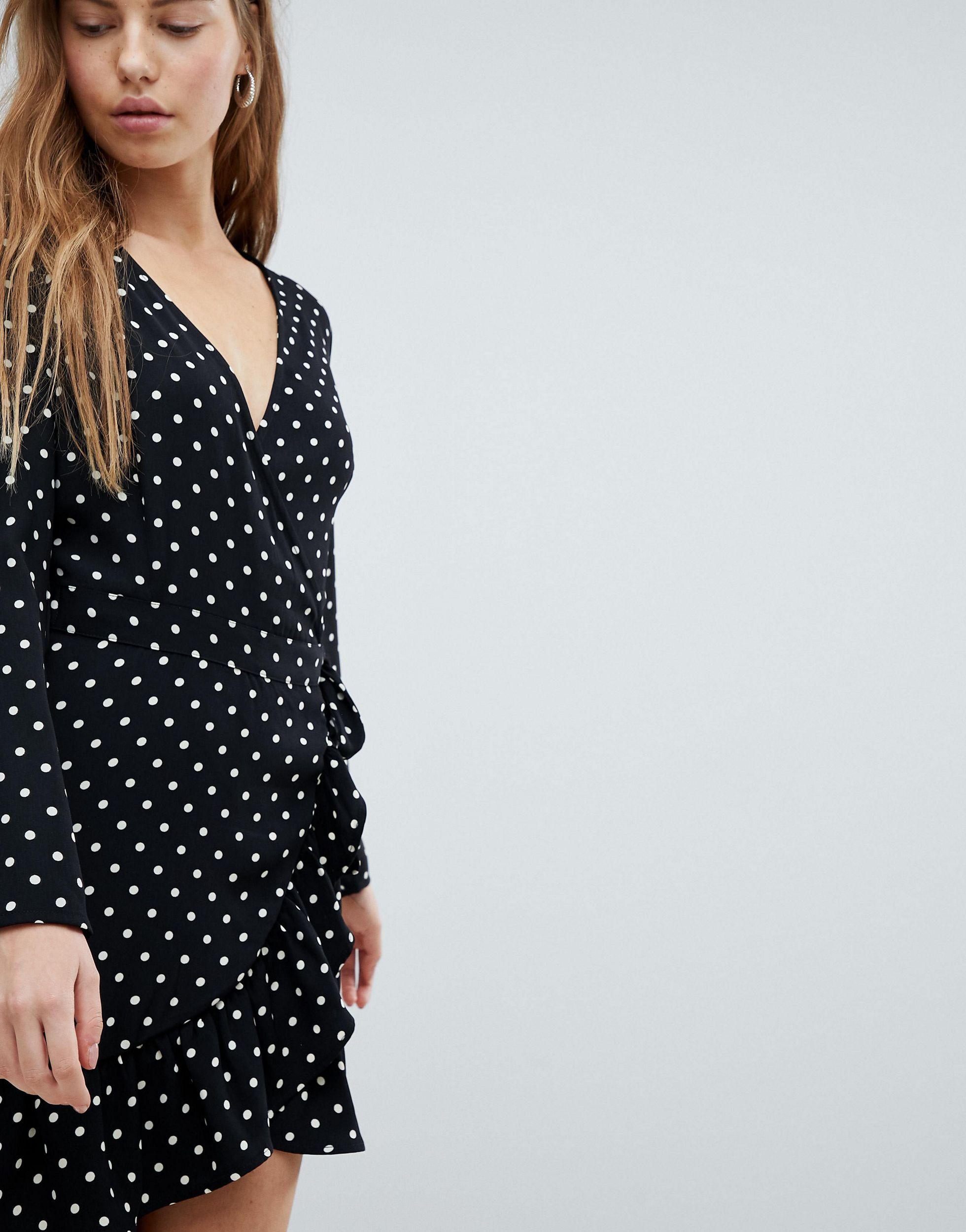 Bershka Denim Polka Dot Long Sleeve Wrap Dress in Black | Lyst