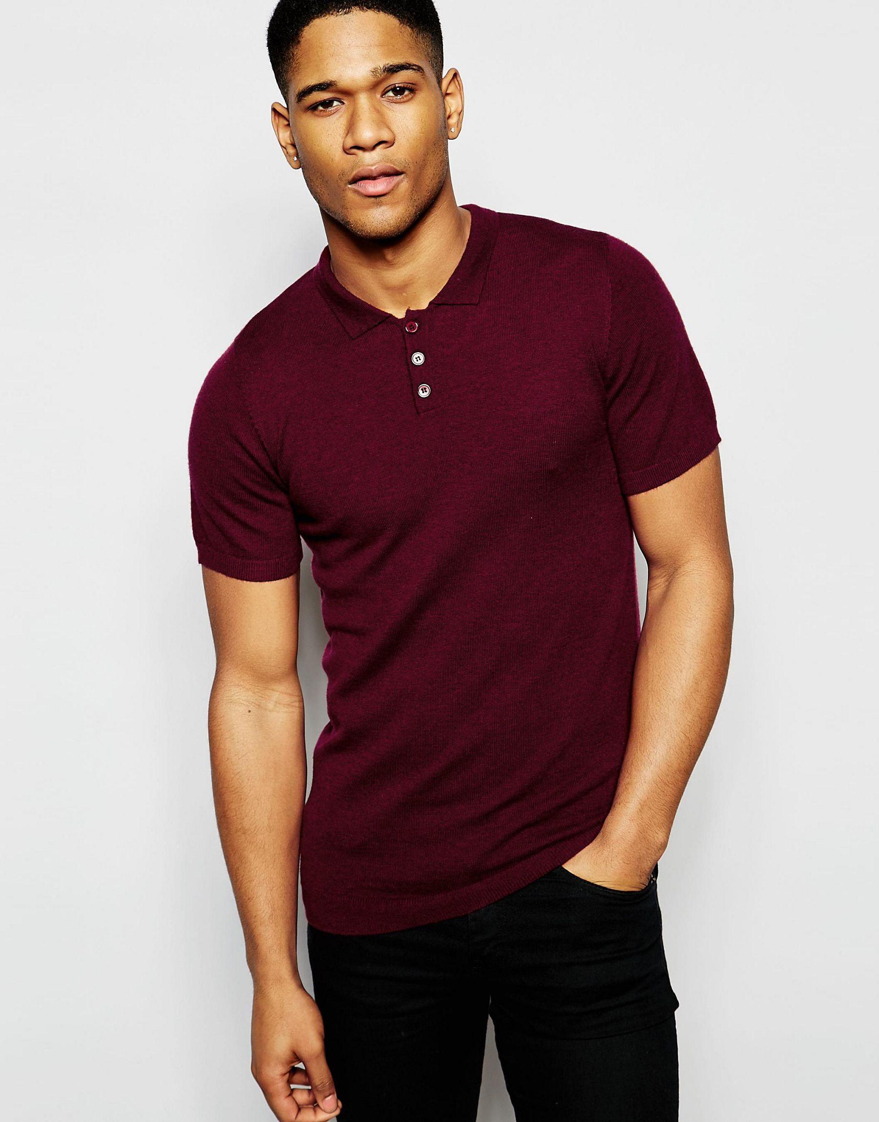 ASOS Merino Wool Muscle Fit Short Sleeve Polo in Damson (Purple) for ...