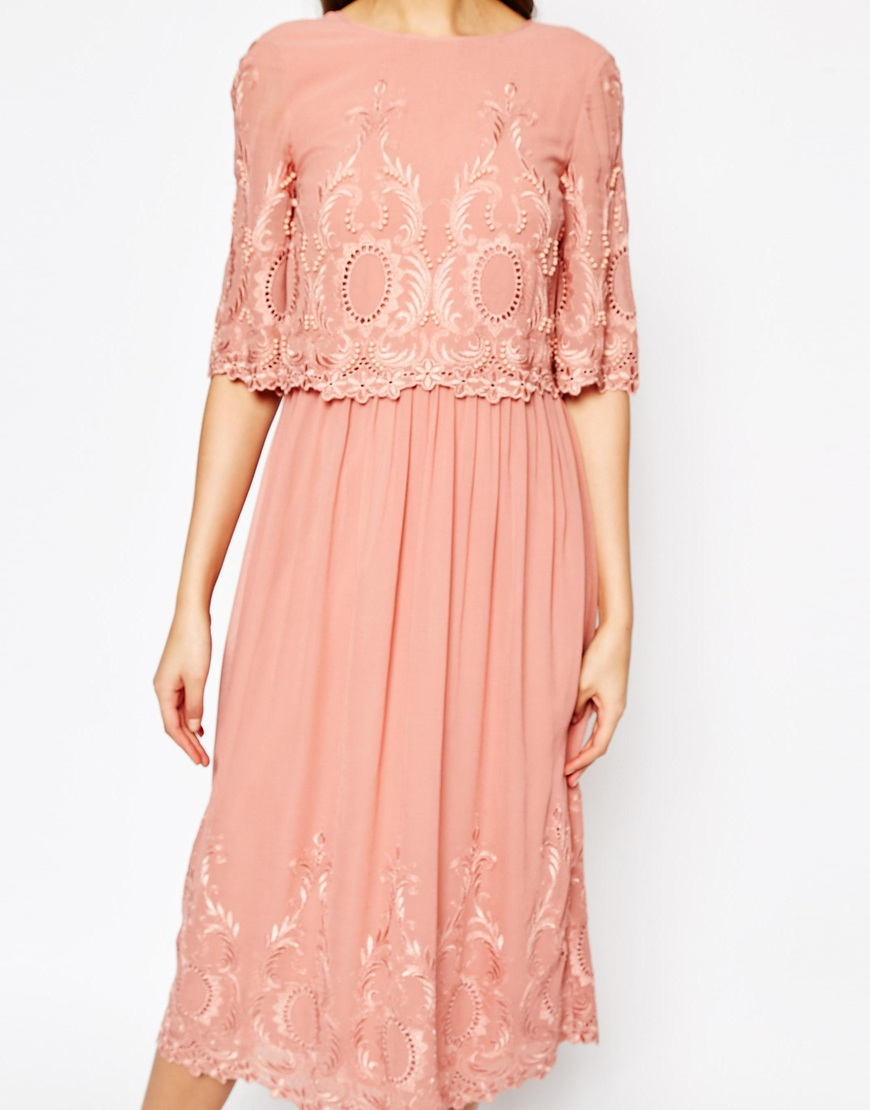 Lyst - ASOS Premium Midi Embroidered Dress in Pink