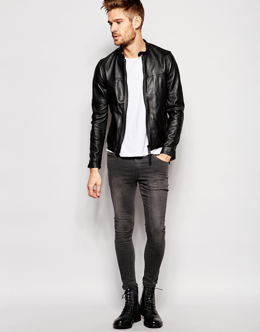 Lyst - Replay Leather Jacket Zip Front in Black for Men
