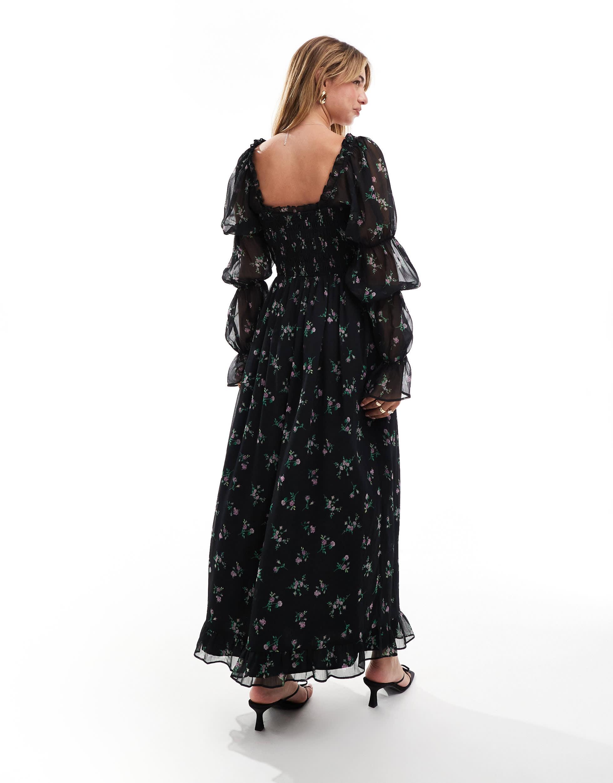 knee length dresses for ladies CurveWow Floral Milkmaid Midi Dress Black – Curvewow main image 1