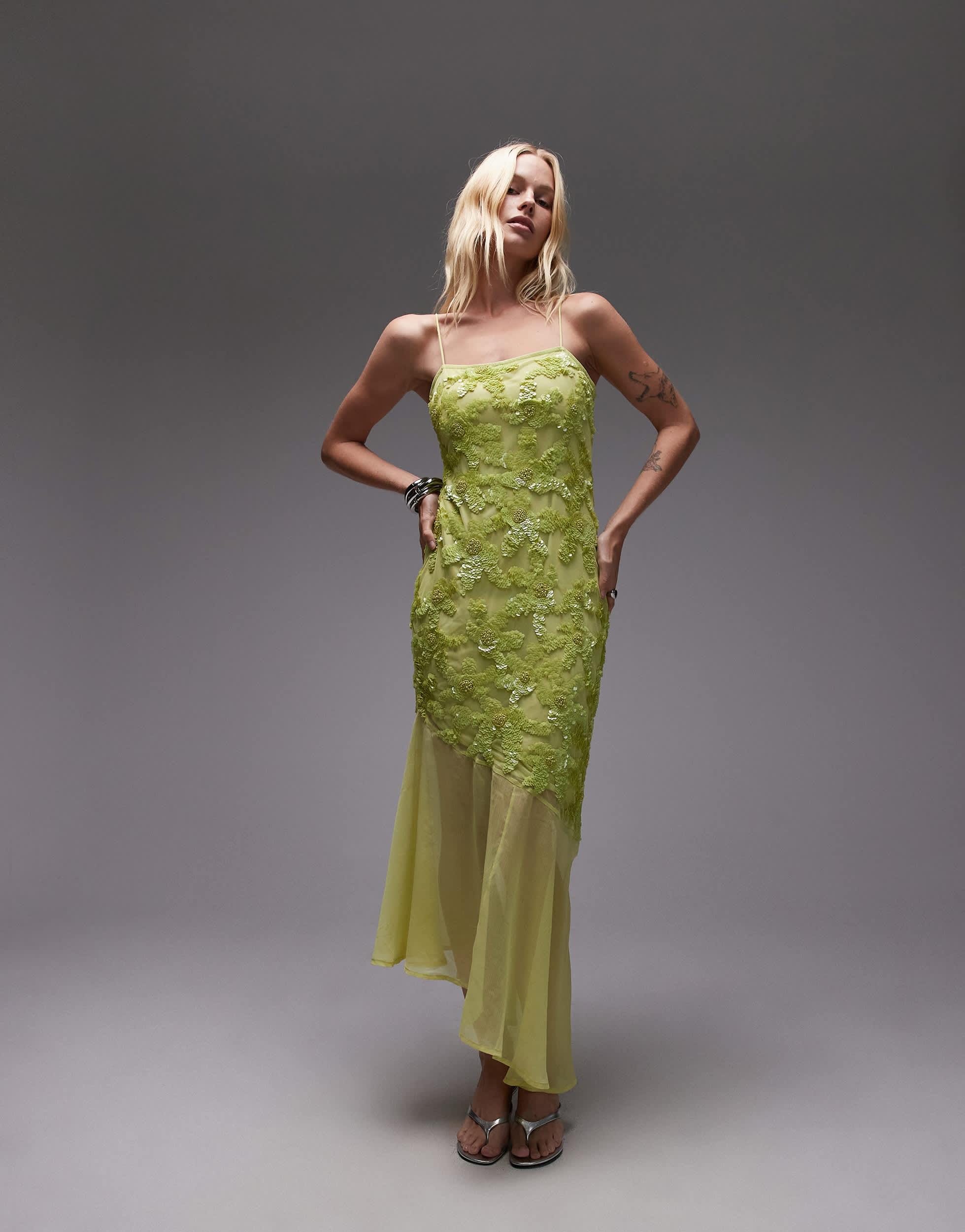 TOPSHOP Embellished Godet Hem Cami Dress in Green | Lyst