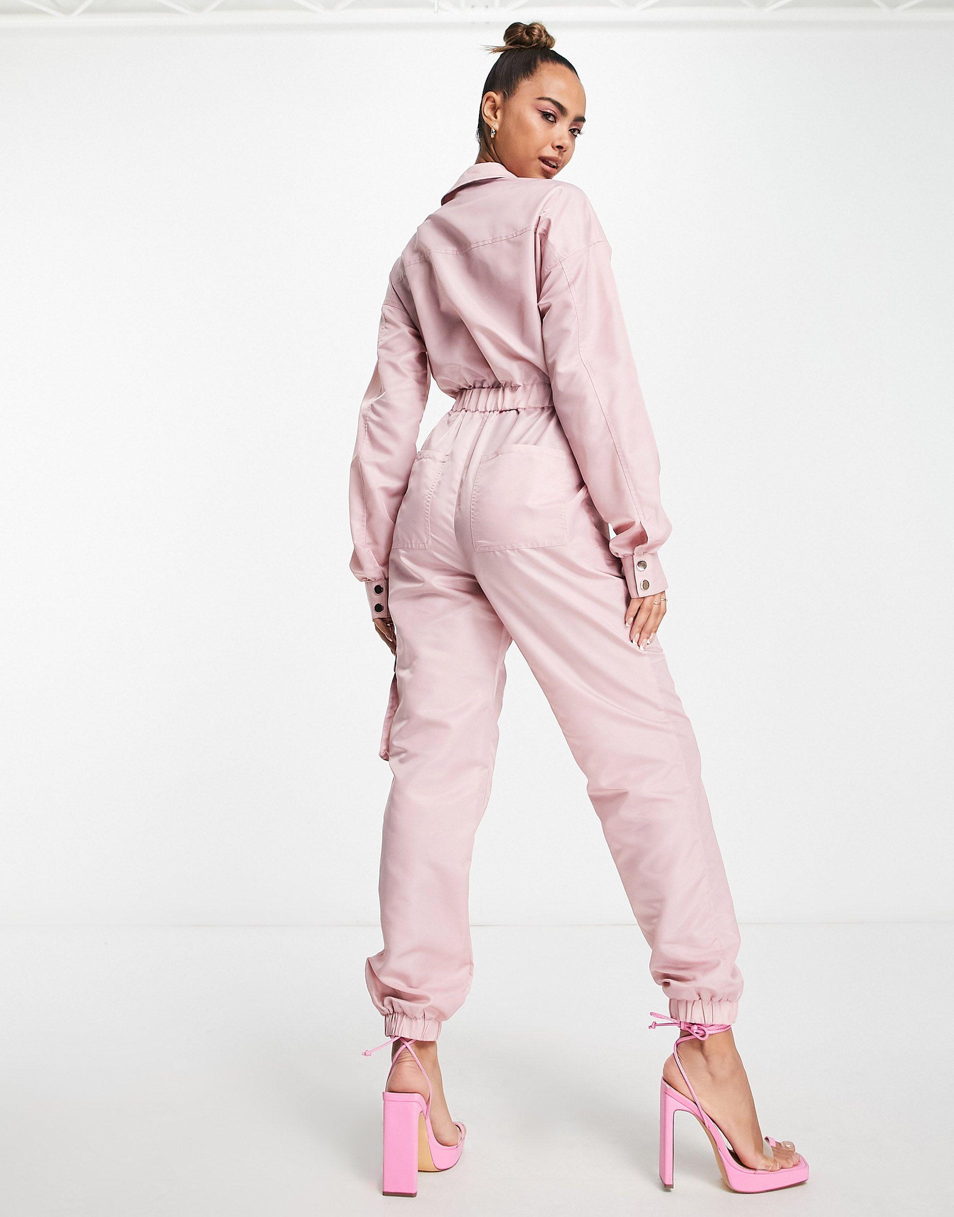 Miss Selfridge satin long sleeve wrap jumpsuit in pink