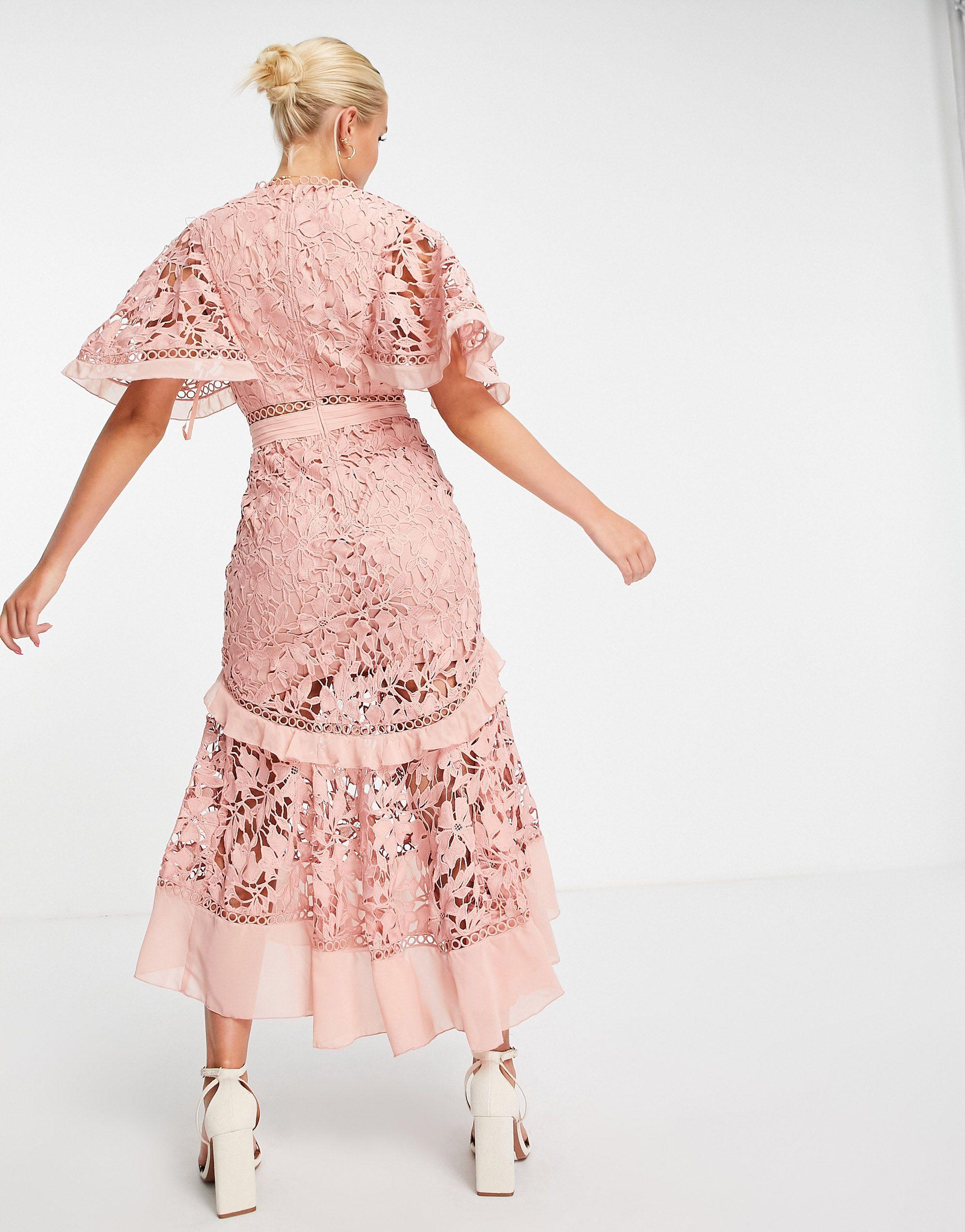 ワンピース PINK LACE PEPLUM MIDI DRESS Pink Lace Peplum Midi Dress | Self-Portrait