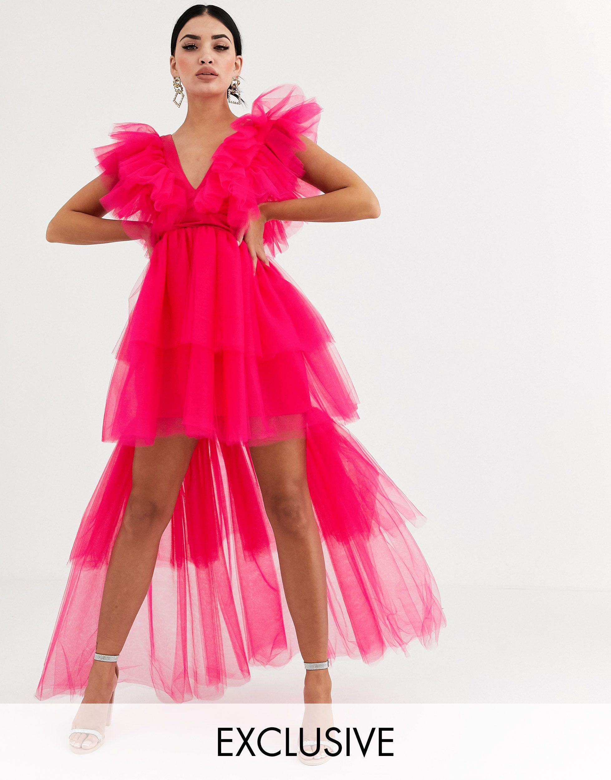 Flounce London Extreme Frill Tulle High Low Maxi Dress Pink | Lyst