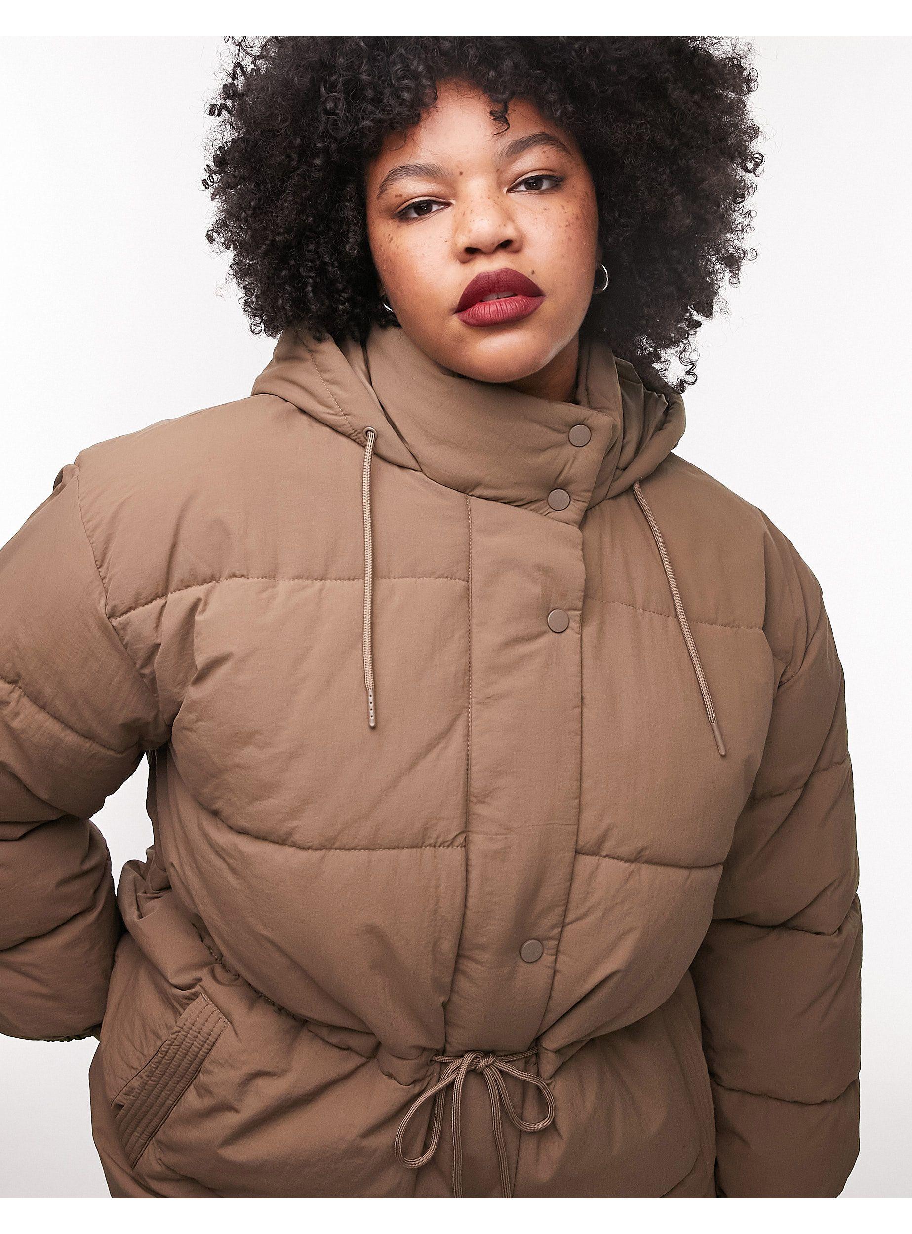 TOPSHOP Curve Mid Length Tie Waist Puffer Jacket in Brown | Lyst