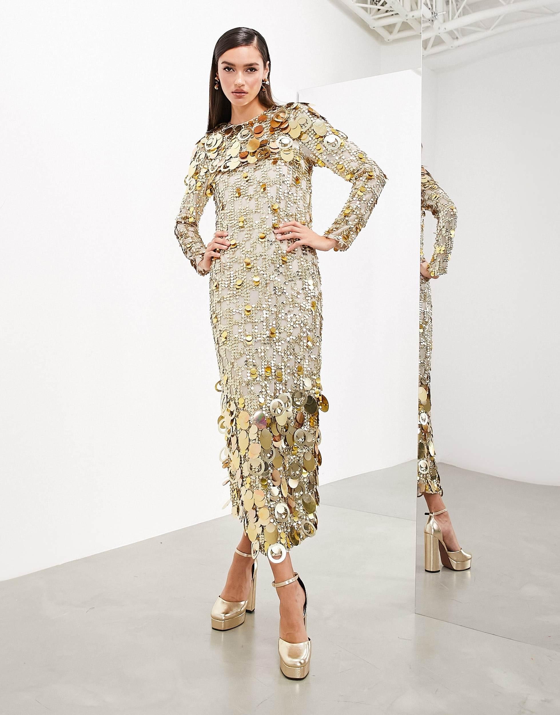 slim fit dress slacks ASOS EDITION Batwing Sleeve Sequin Wrap Midi Dress In Gold