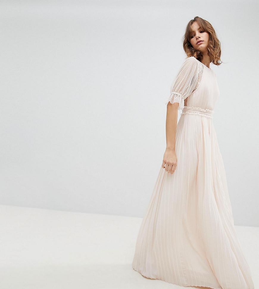 pleated maxi bridesmaid dress