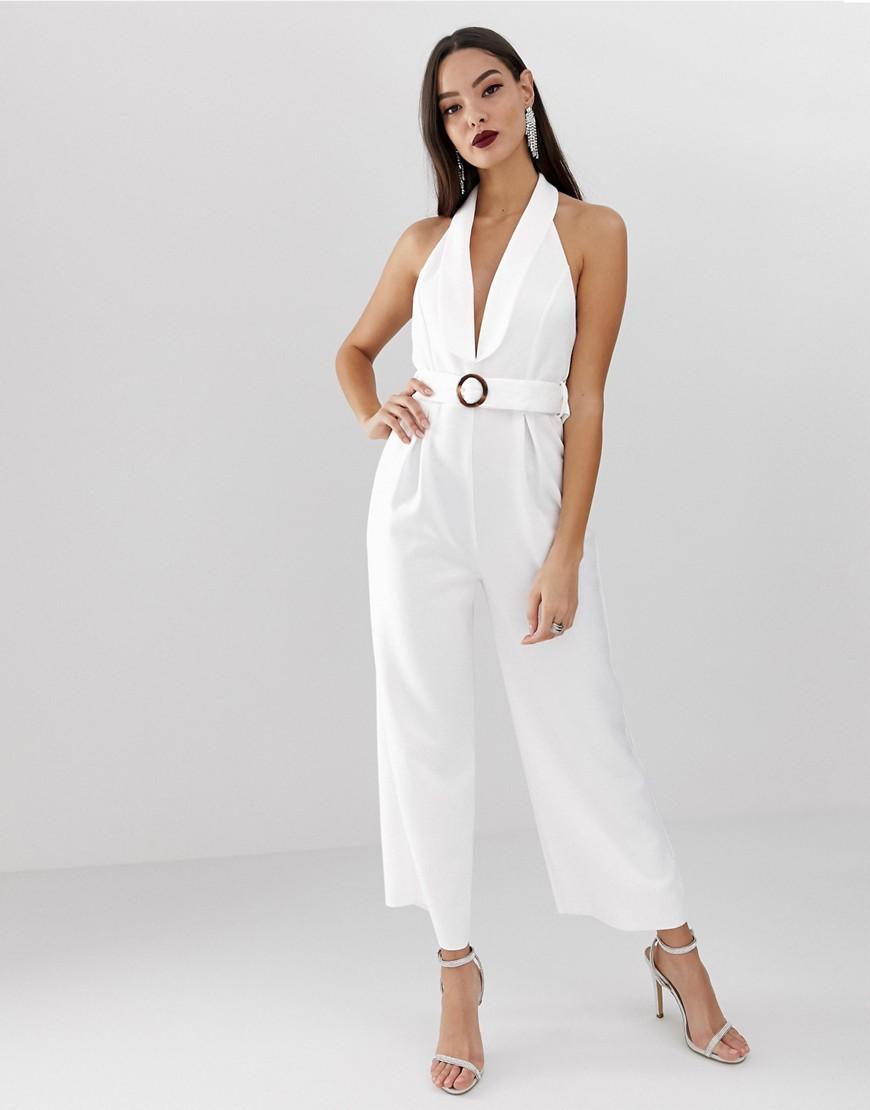 Lyst - ASOS Scuba Halter Jumpsuit With Buckle Detail in White