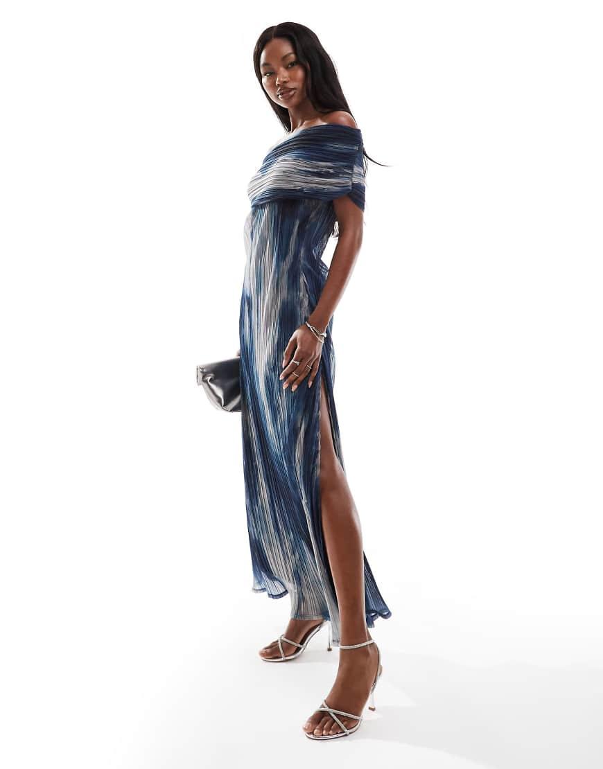 Vestido Largo Azul Con Estampado, Escote Palabra De Honor