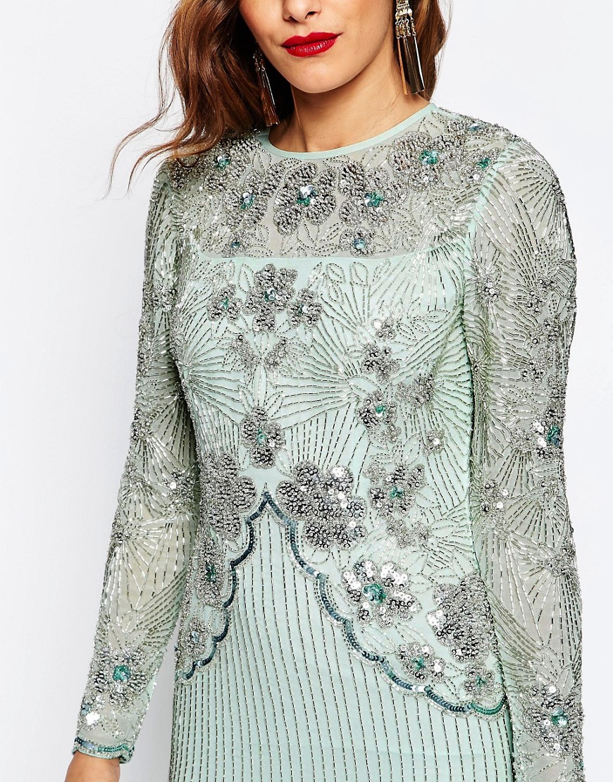 ASOS Red Carpet Linear Long Sleeve Embellished Maxi Dress - Mint in Green |  Lyst UK
