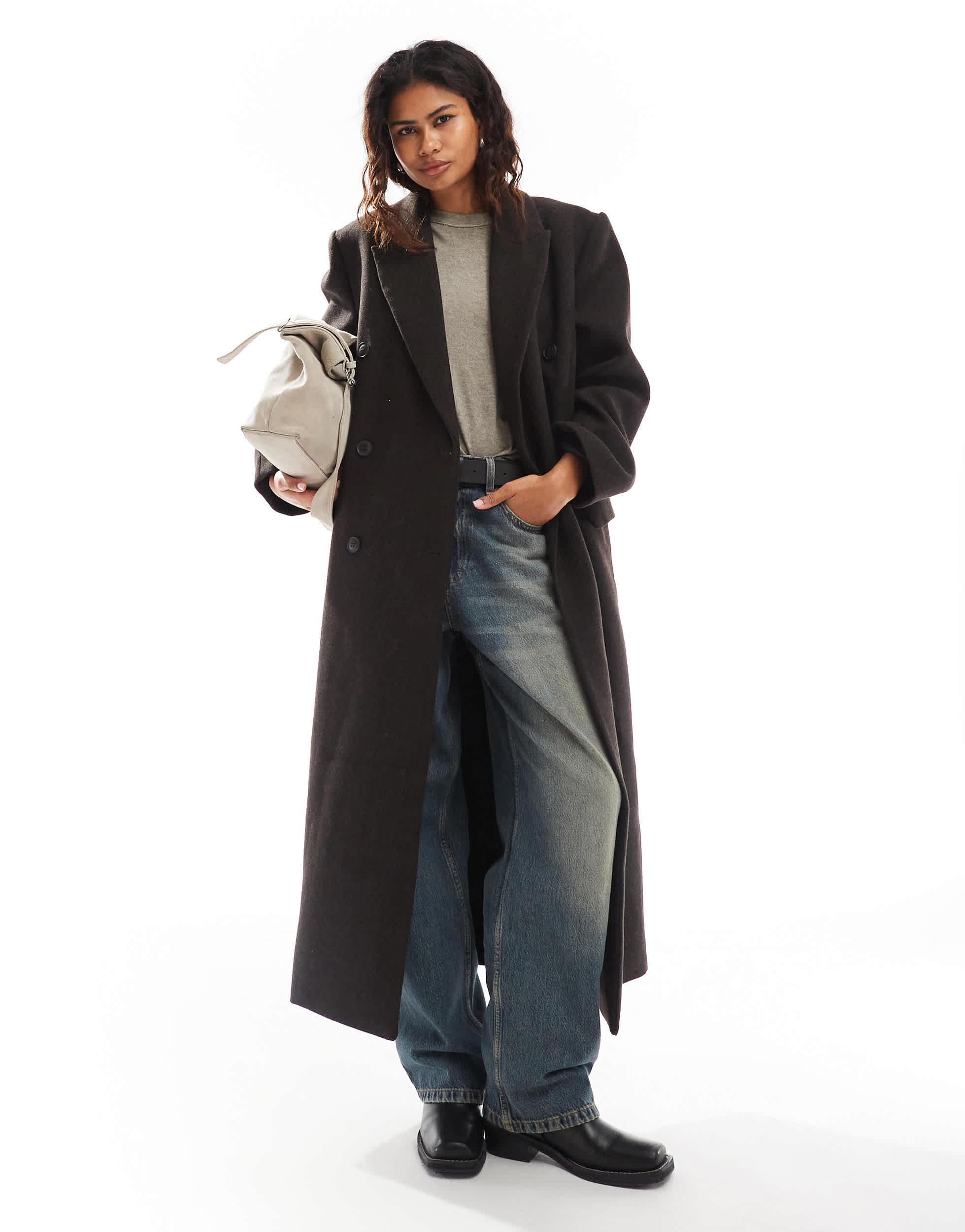 Weekday Logan Wool Blend Oversized Double Breasted Coat in Black 