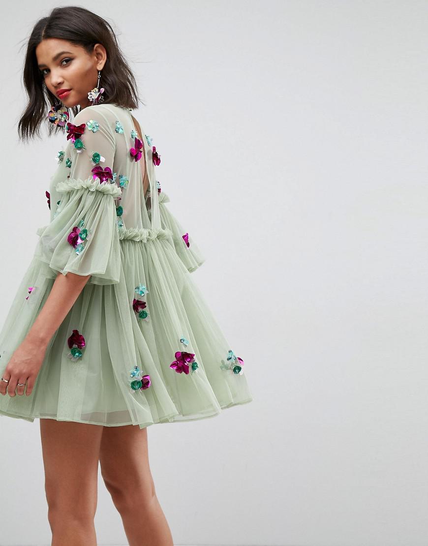 ASOS Synthetic Embellished Mesh Fluted Sleeve Smock Mini Dress in Green |  Lyst