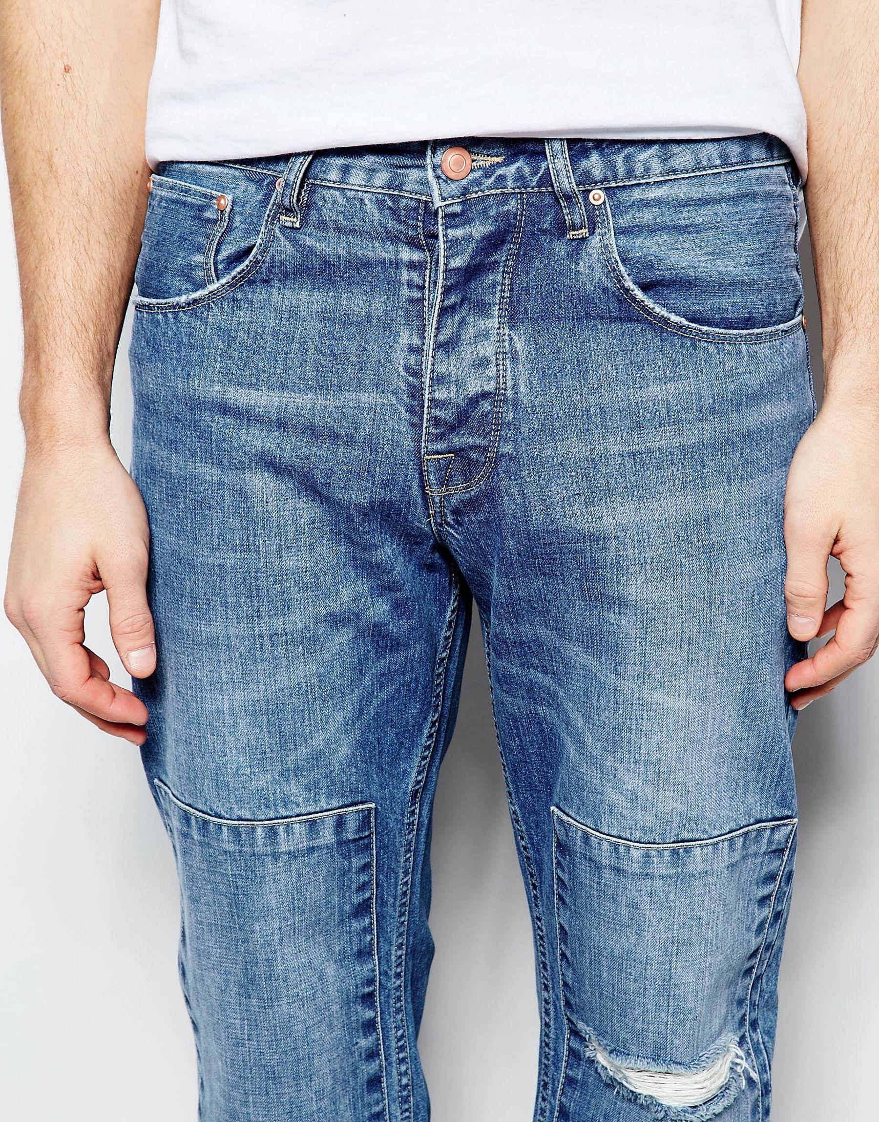 Lyst - Asos Straight Jeans In Cropped Length With Patches in Blue for Men