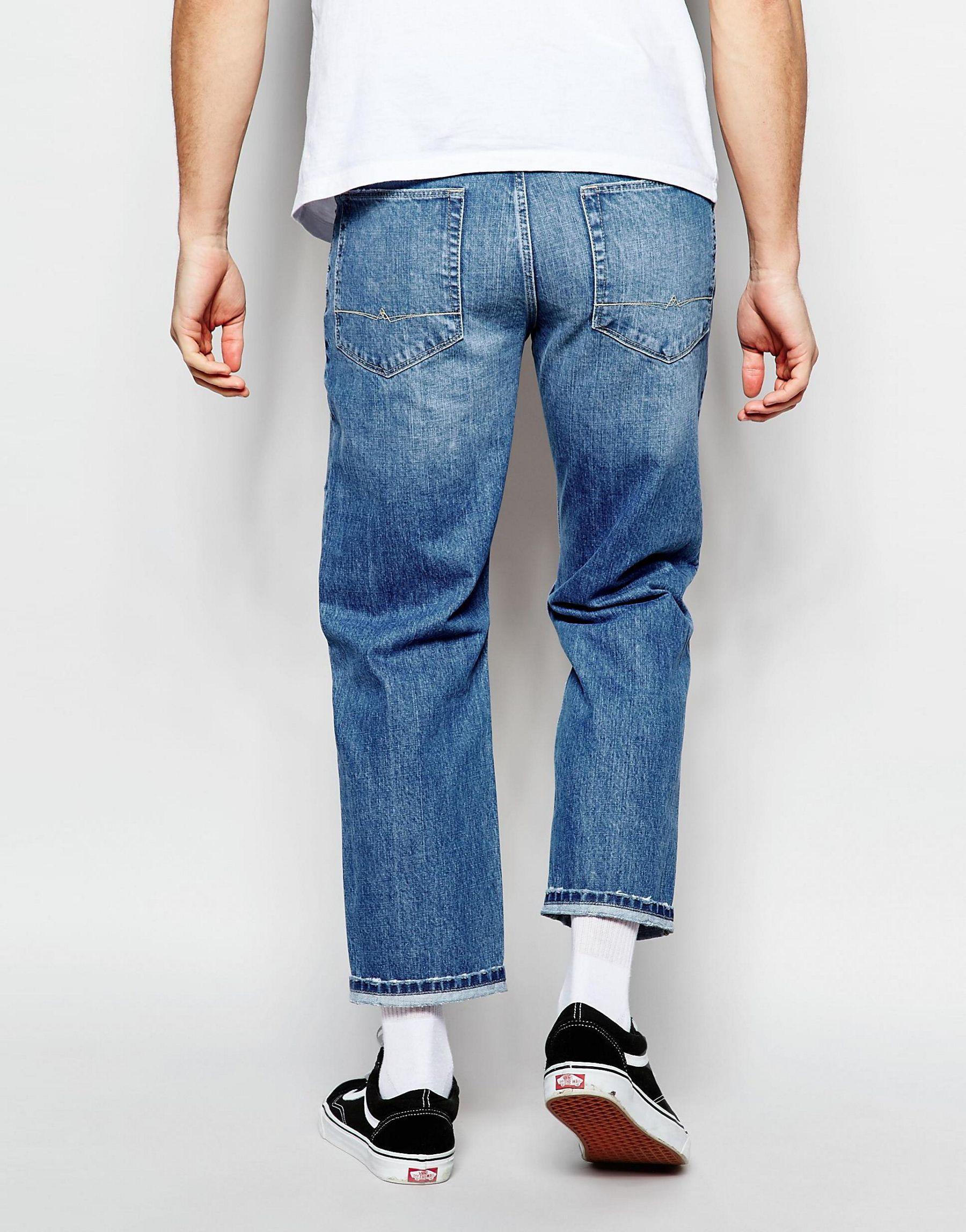 Lyst - Asos Straight Jeans In Cropped Length With Patches in Blue for Men