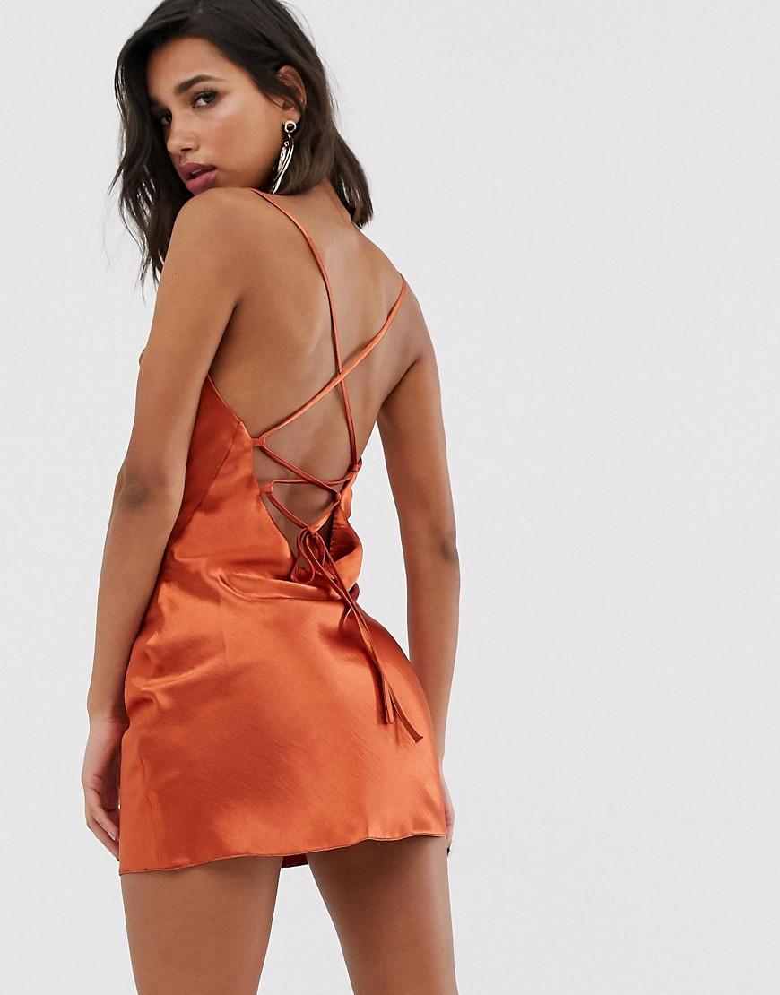 ASOS Cami Mini Slip Dress In High Shine Satin With Lace Up Back in Brown |  Lyst