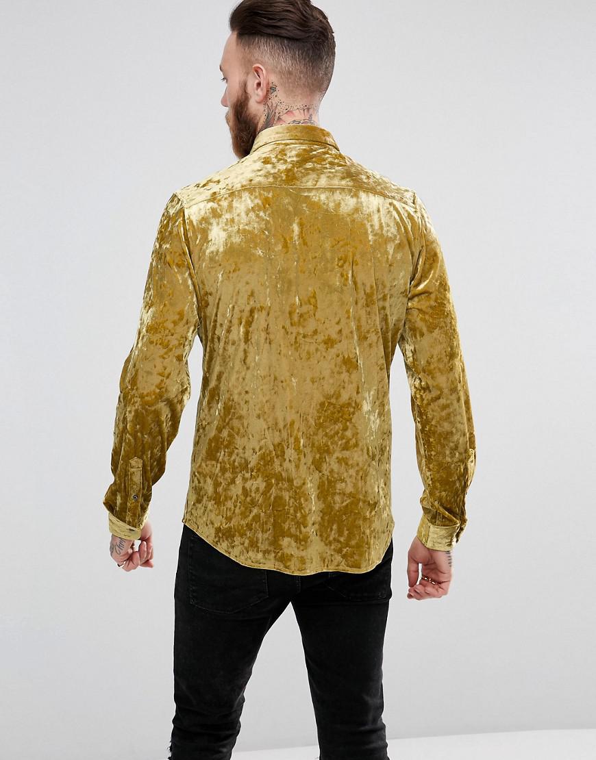 ASOS Asos Regular Fit Crushed Velvet Shirt In Gold in Metallic for Men ...