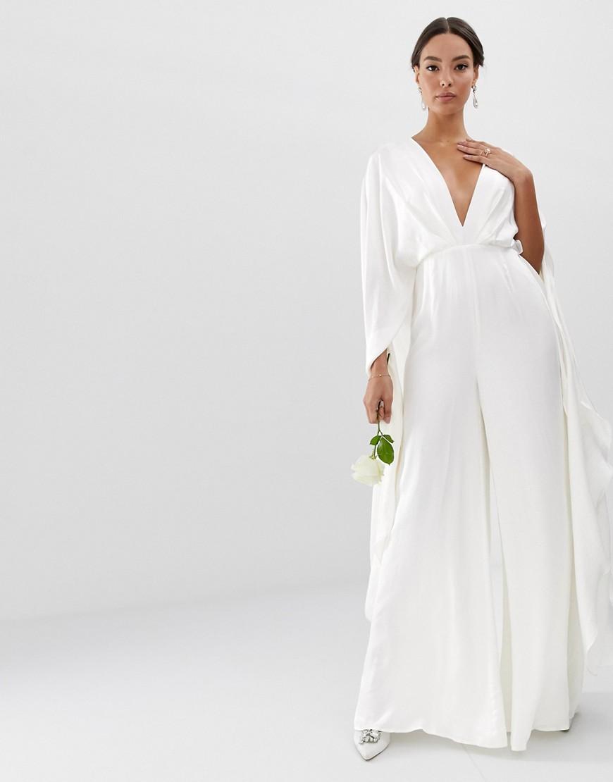 Asos Cape Sleeve Wedding Jumpsuit In Satin In White Lyst