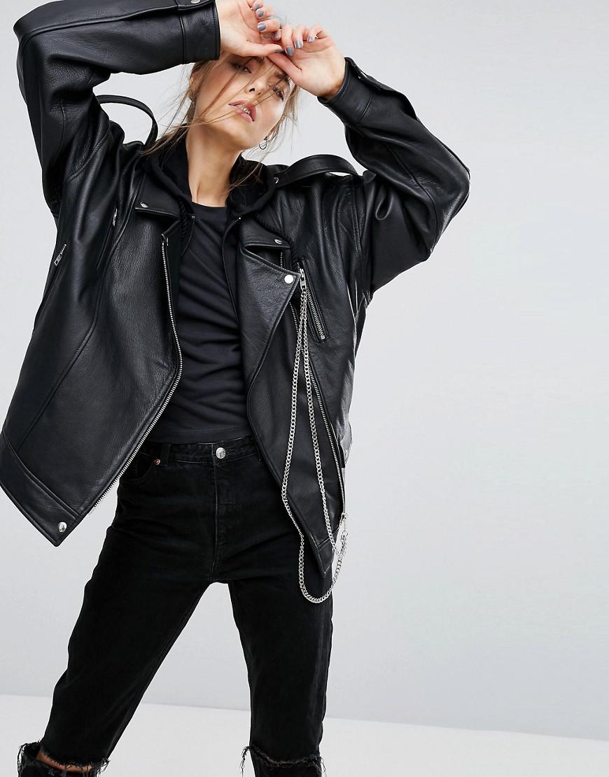 ASOS Premium Leather Oversized Biker Jacket With Chain Detail in Black
