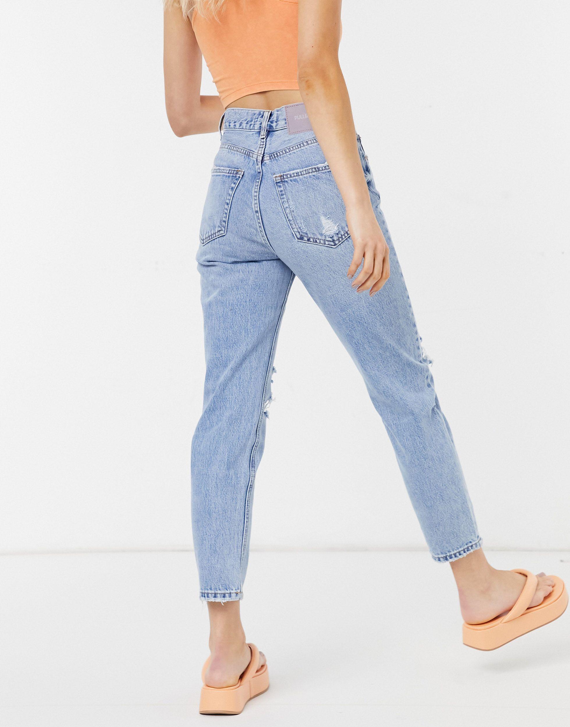 Pull&Bear Mom Jeans With Rips in Blue | Lyst