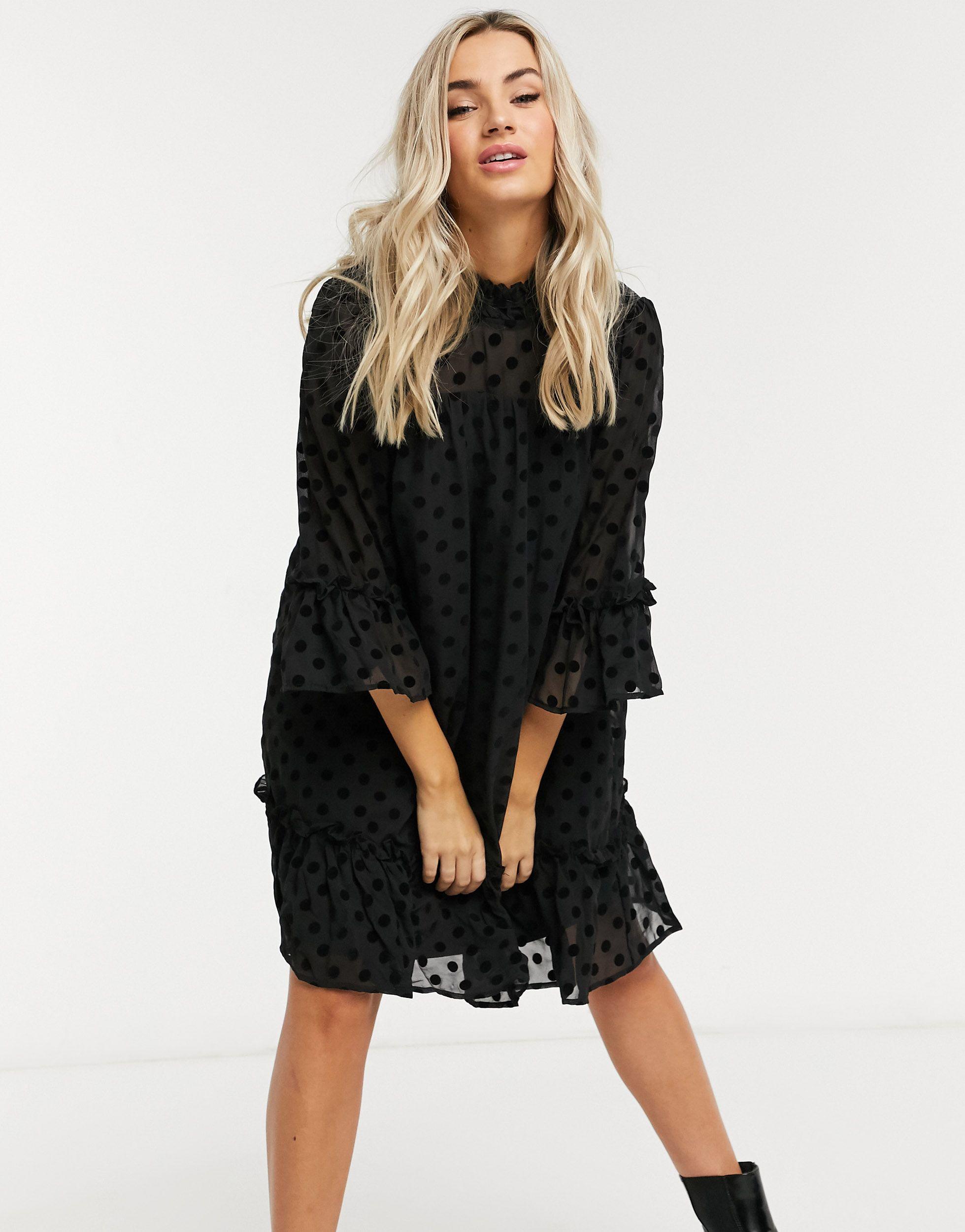 Pieces Dobby Mesh Smock Dress With High Neck in Black | Lyst