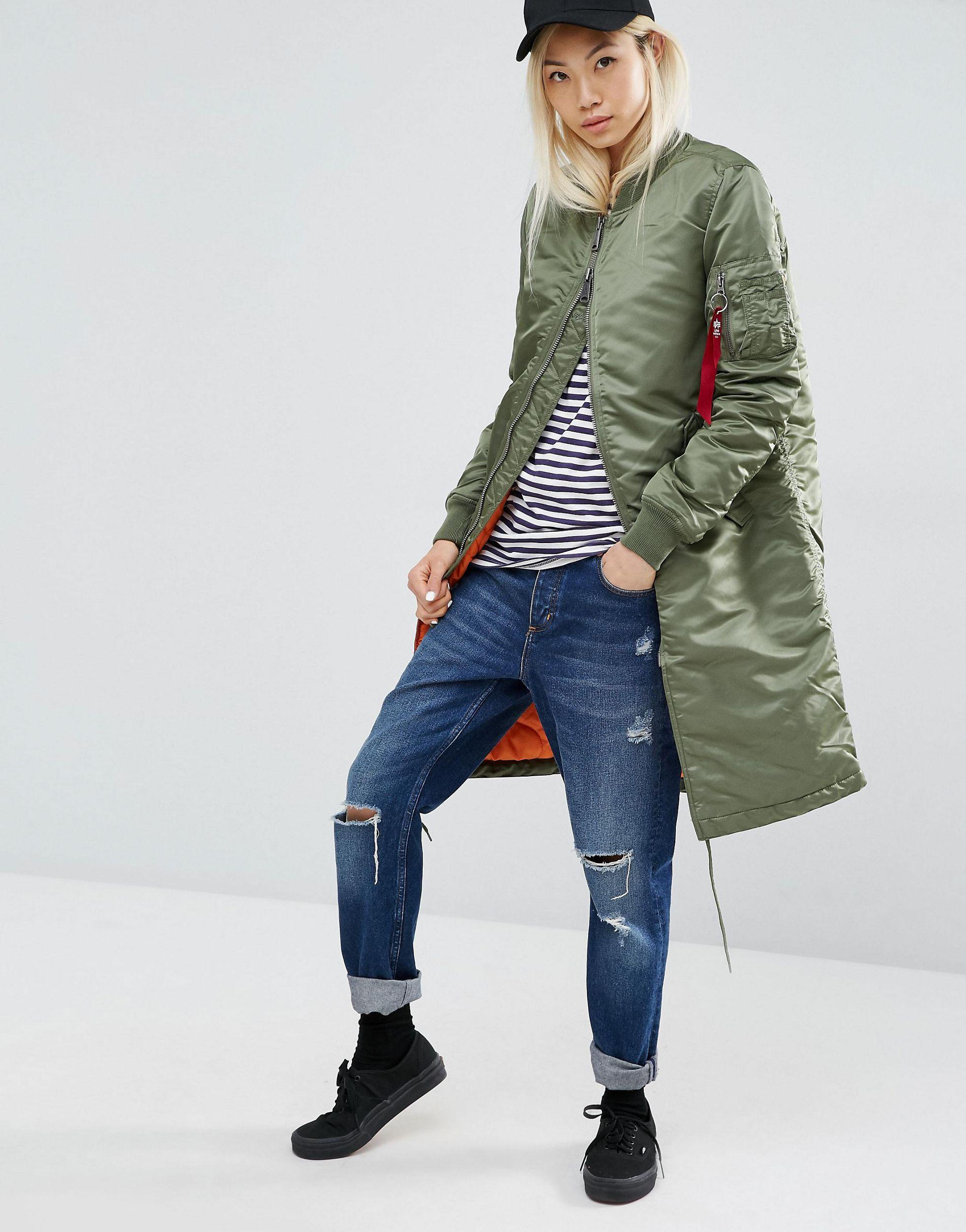 Ma 1 bomber lungo con fodera a contrasto di Alpha Industries in Verde Lyst