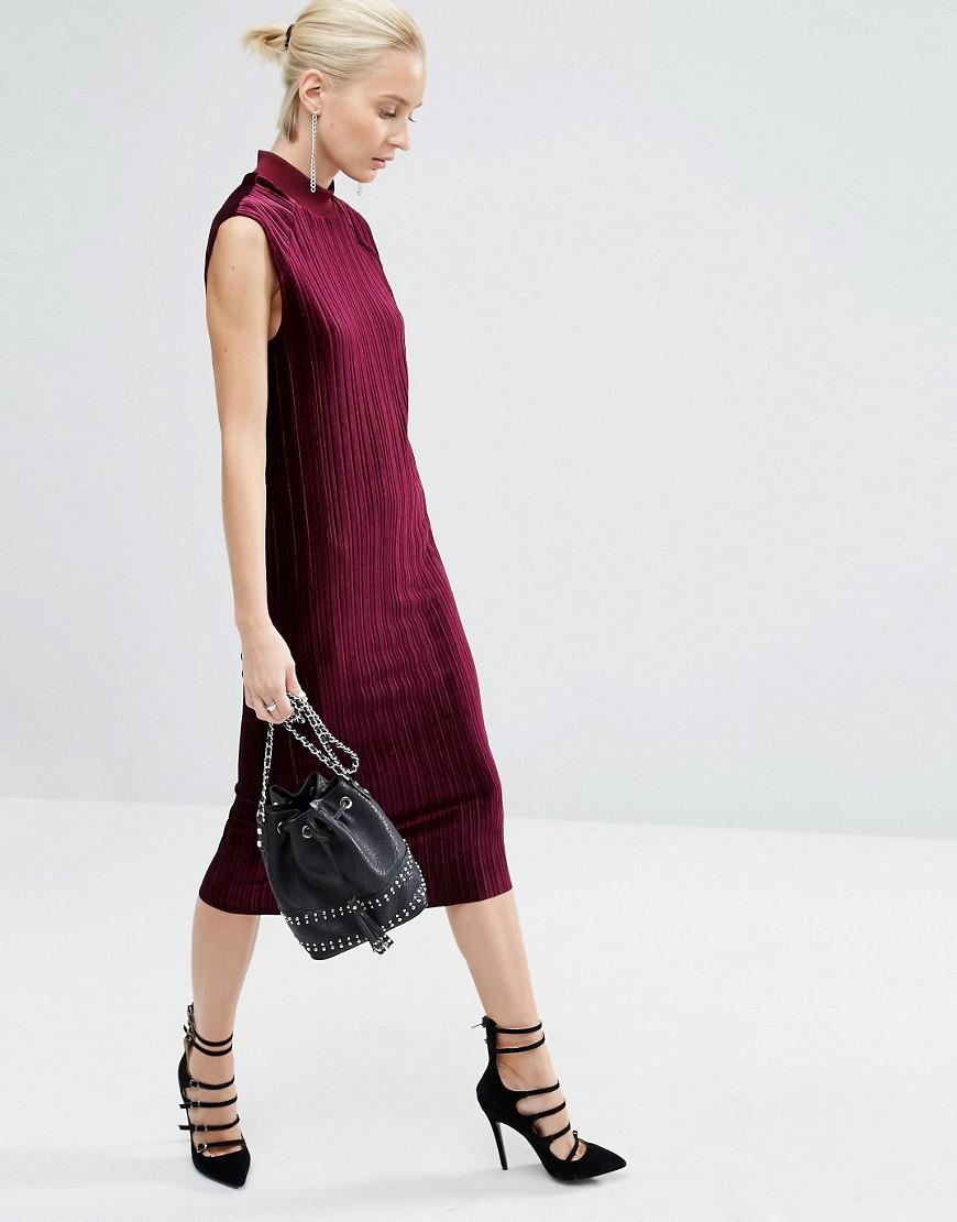 ASOS Pleated Velvet High Neck Column Dress in Purple Lyst