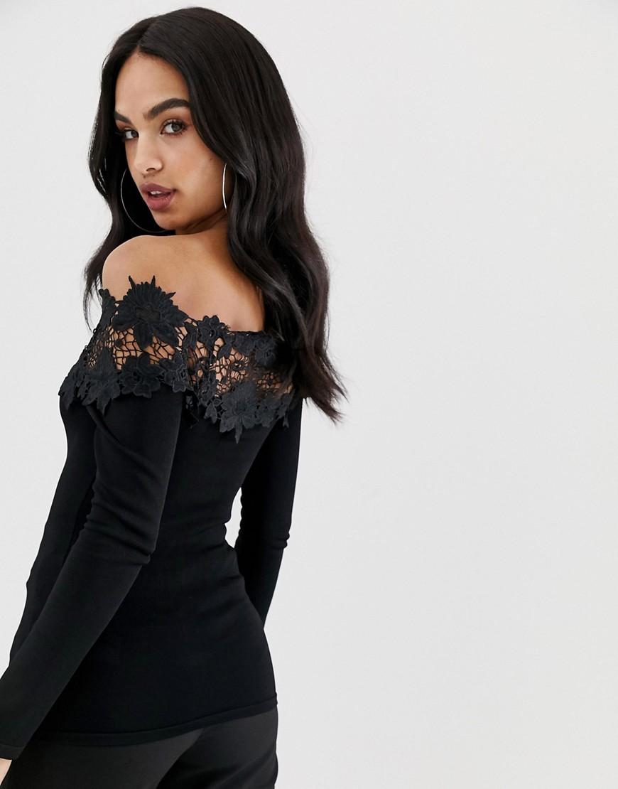 Lipsy Synthetic Lace Trim Bardot Top in Black - Lyst