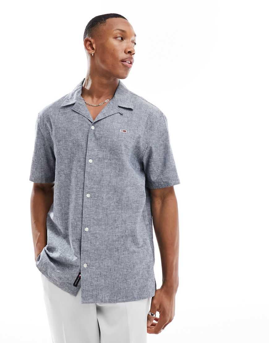Camisa Azul Marino Con Cuello Cubano De Mezcla De Lino De Tommy Hilfiger de hombre de color Azul Lyst