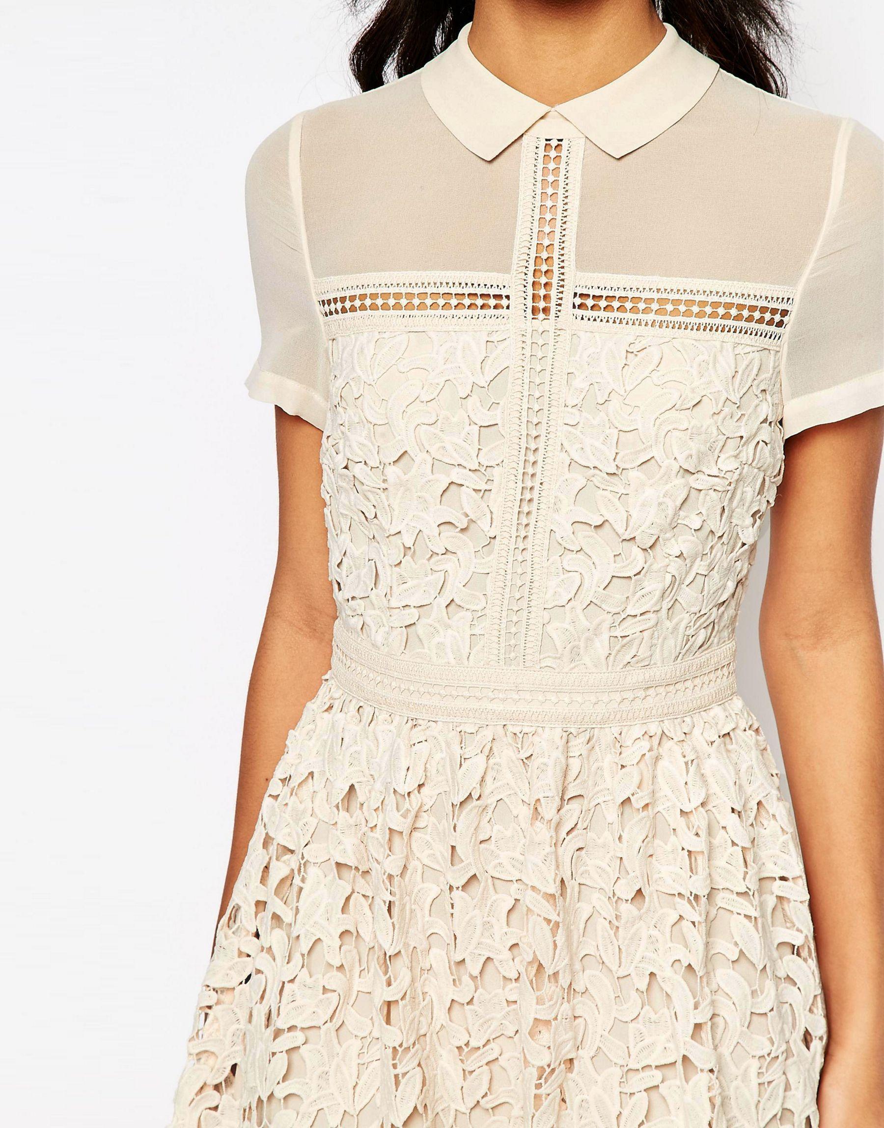 Warehouse Lace Collar Dress in Natural | Lyst