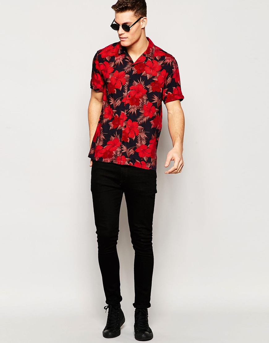 ASOS Synthetic Floral Shirt In Red With Revere Collar And Short Sleeves In  Regular Fit for Men - Lyst