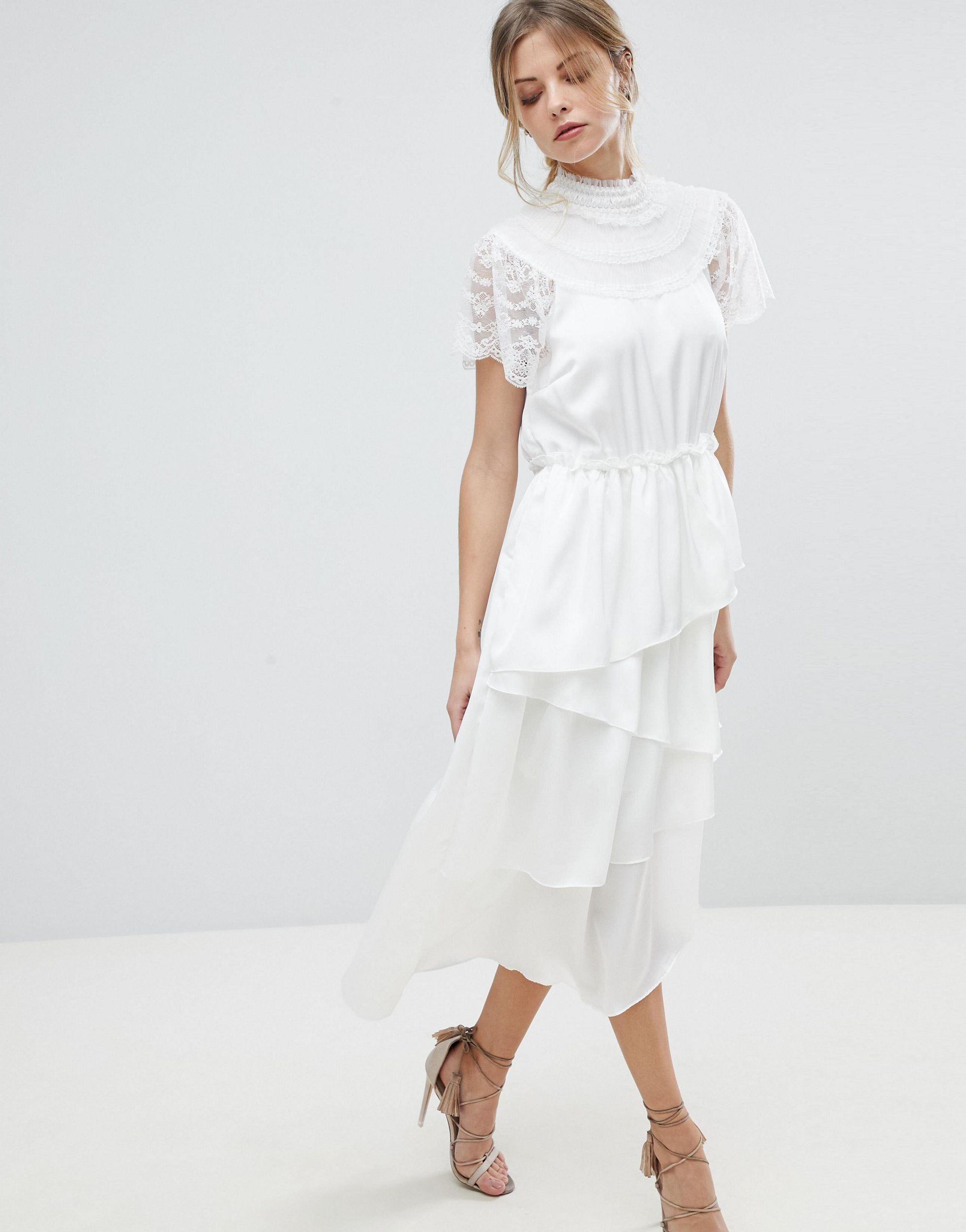 high neck lace midi dress