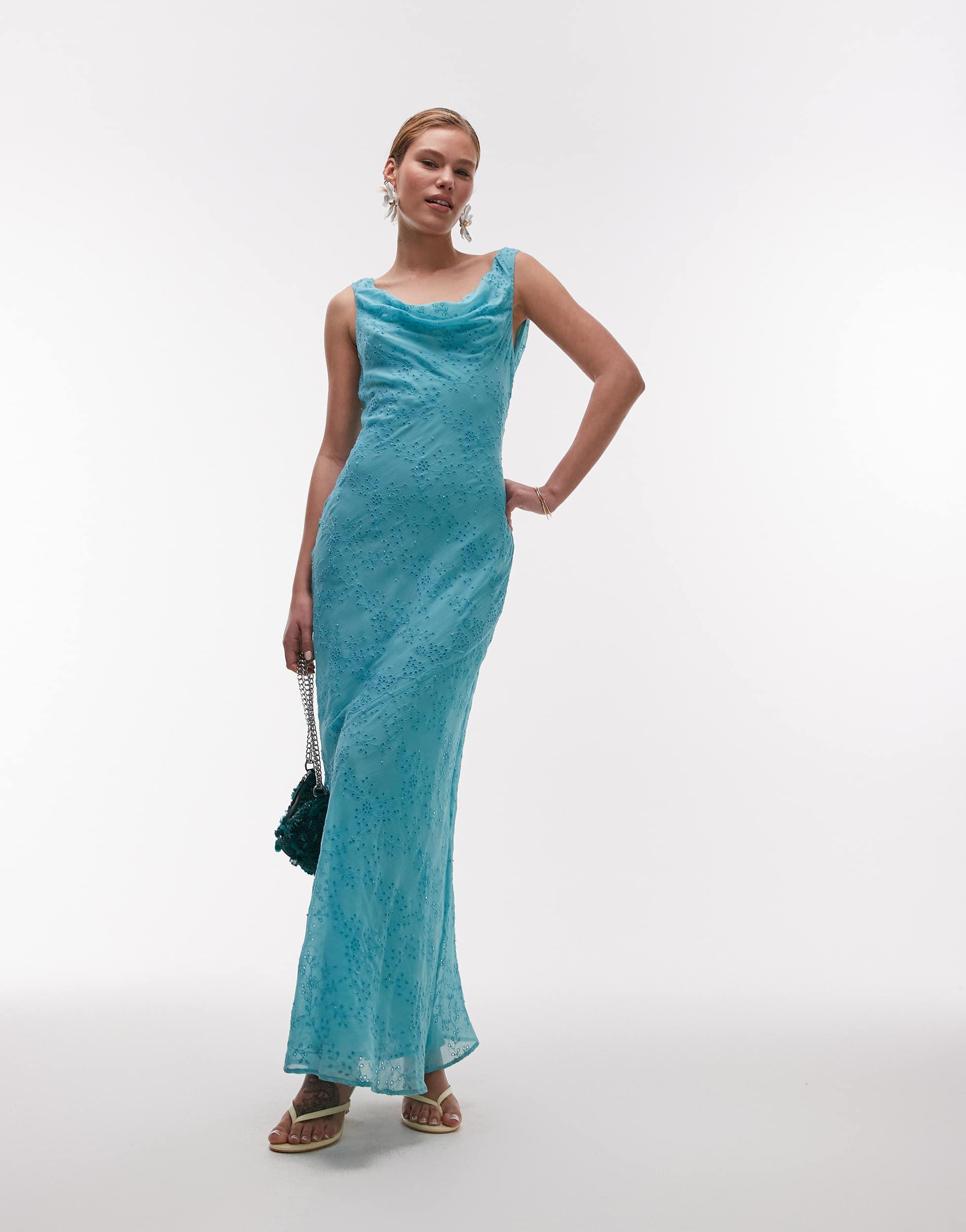 TOPSHOP Premium Double Layered Cowl Slip With Beading And Broderie in Blue  | Lyst