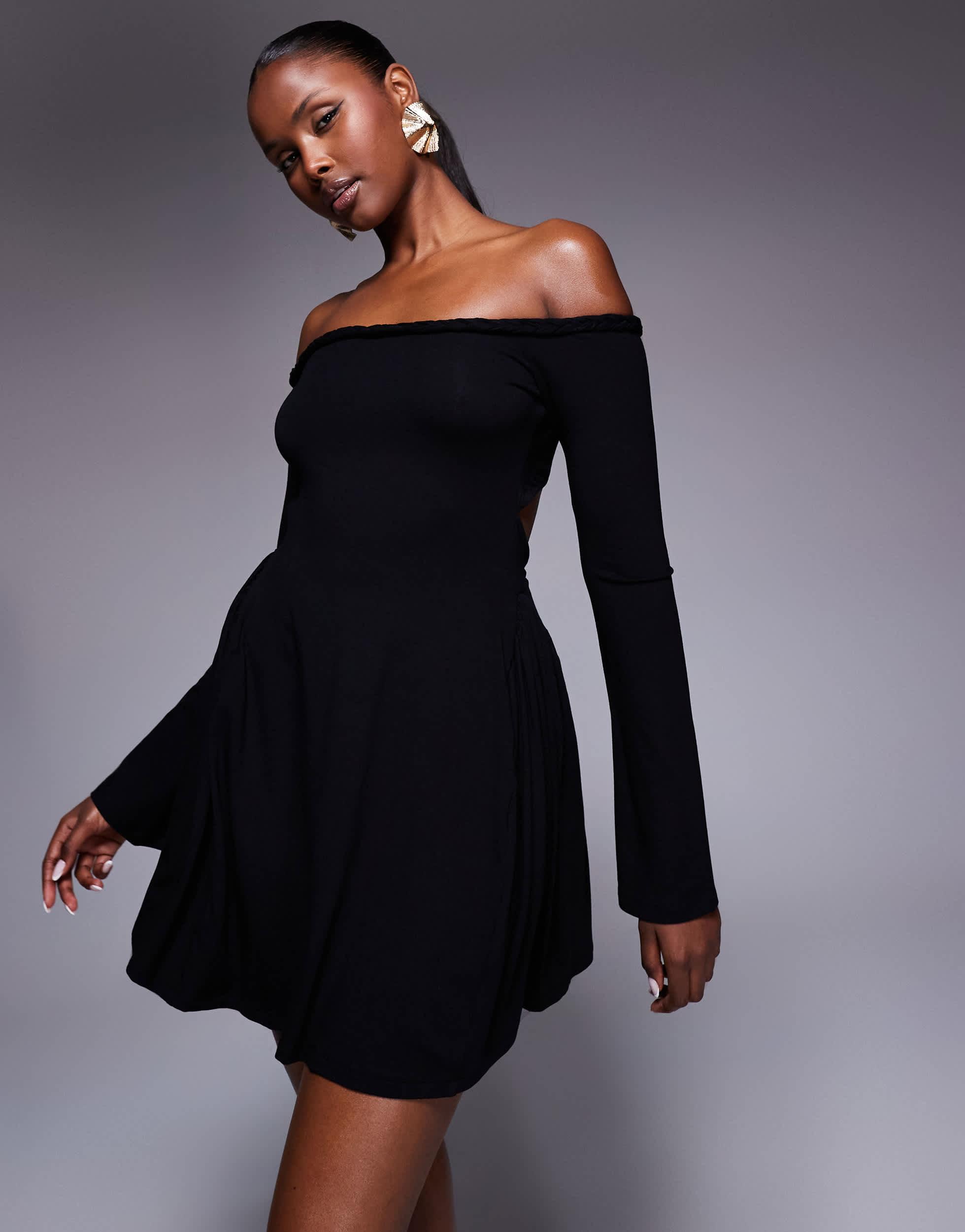 angel sleeve skater dress boohoo Women's Petite Linen Mix Corset Angel Sleeve Skater Dress in Black