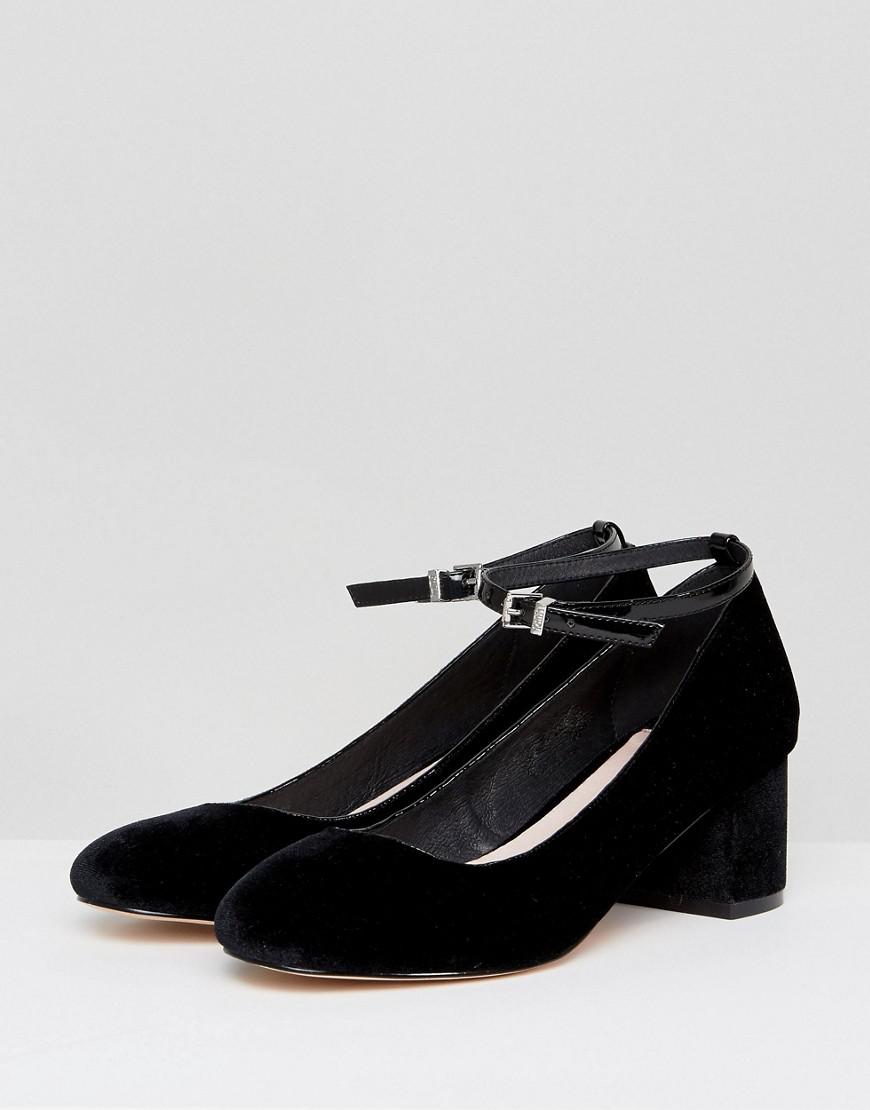 black mid heel ankle strap shoes