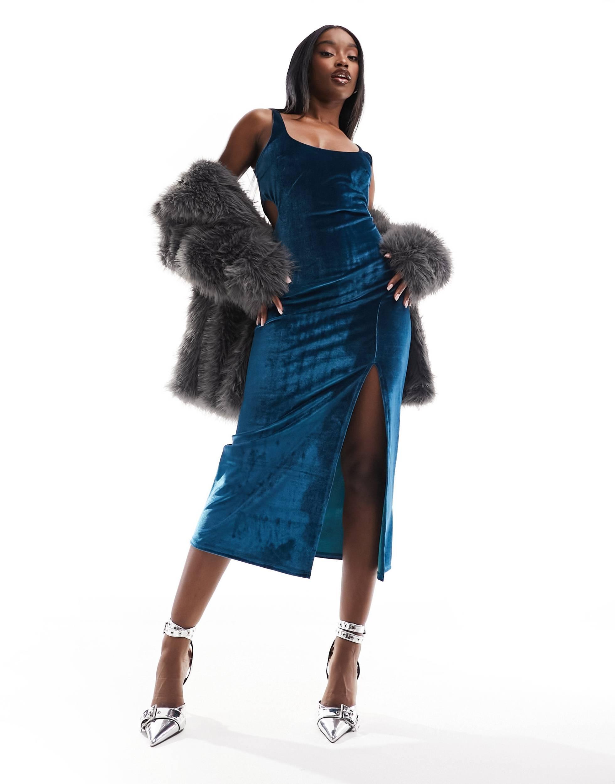 Robe caraco mi longue en velours a encolure echancree et decoupes sarcelle intense ASOS en coloris Bleu Lyst