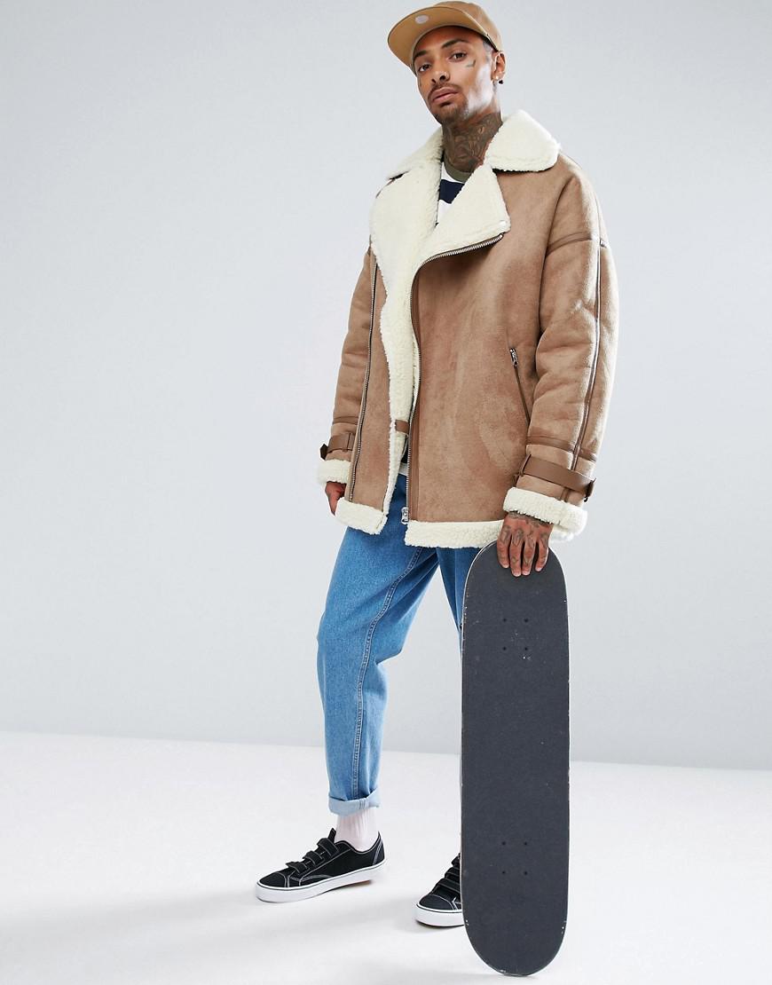 Asos Synthetic Oversized Faux Shearling Biker Jacket In Camel For Men Lyst