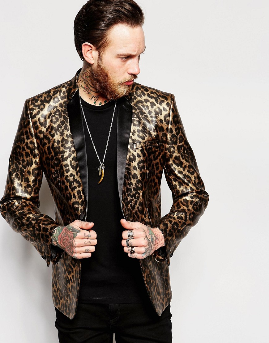 ASOS Slim Blazer In Leopard Print in Metallic for Men | Lyst