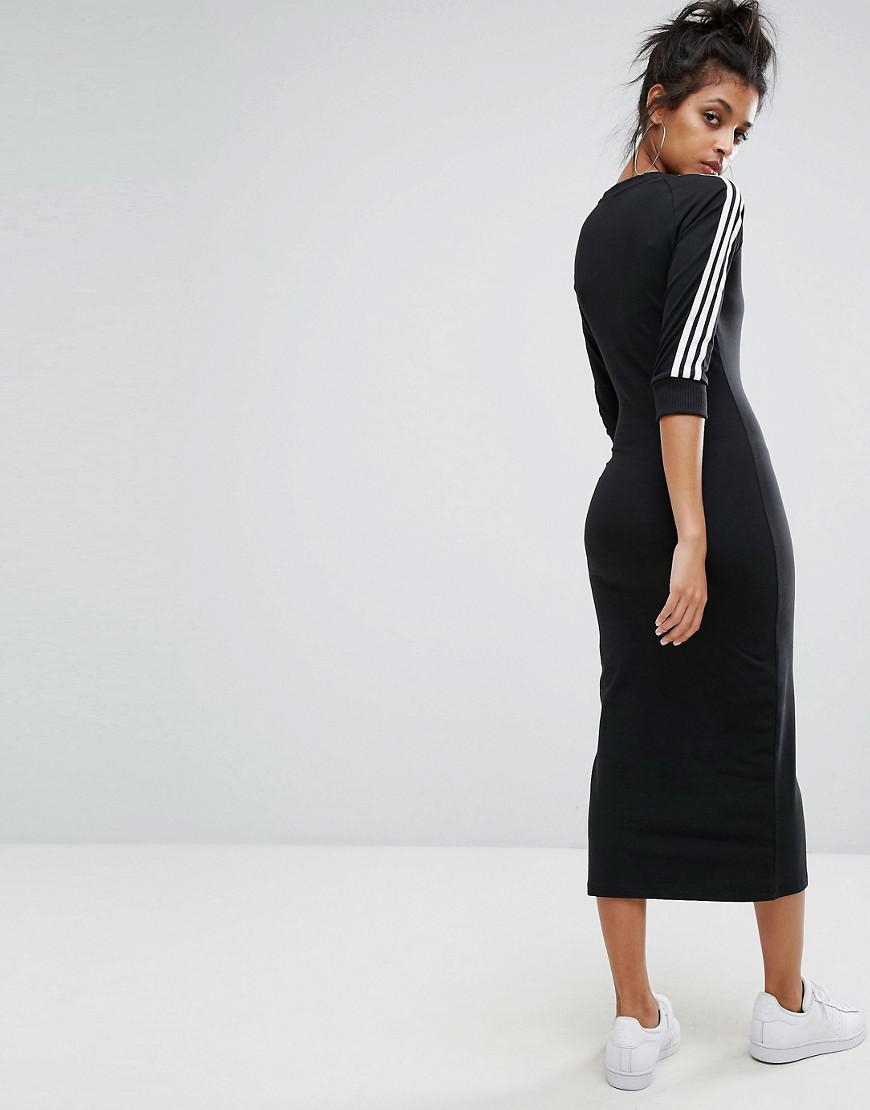 adidas Originals Cotton Originals Black Three Stripe Midi Dress | Lyst