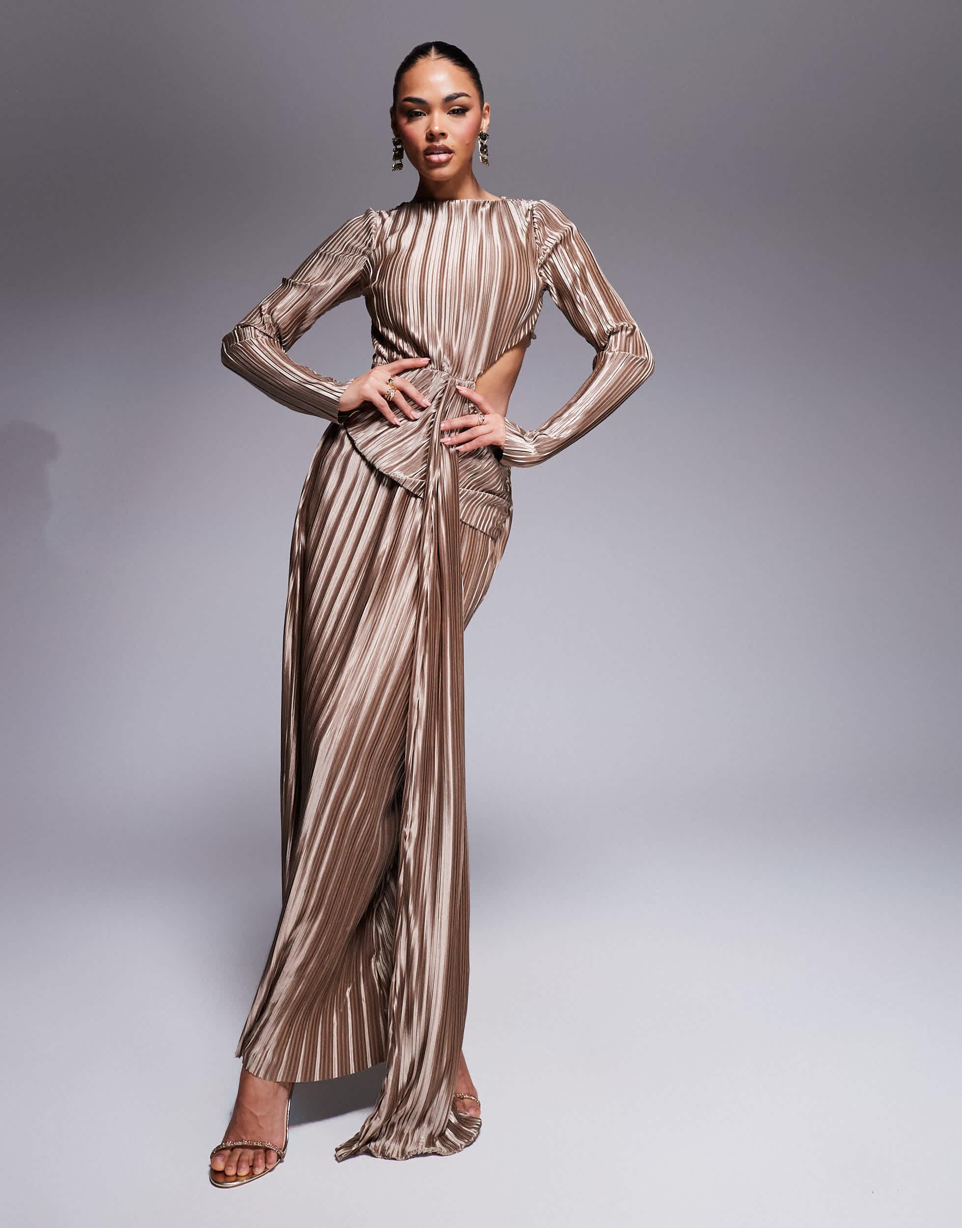 knee length dresses for ladies SHEER PLISSE LONG SLEEVE DRESS