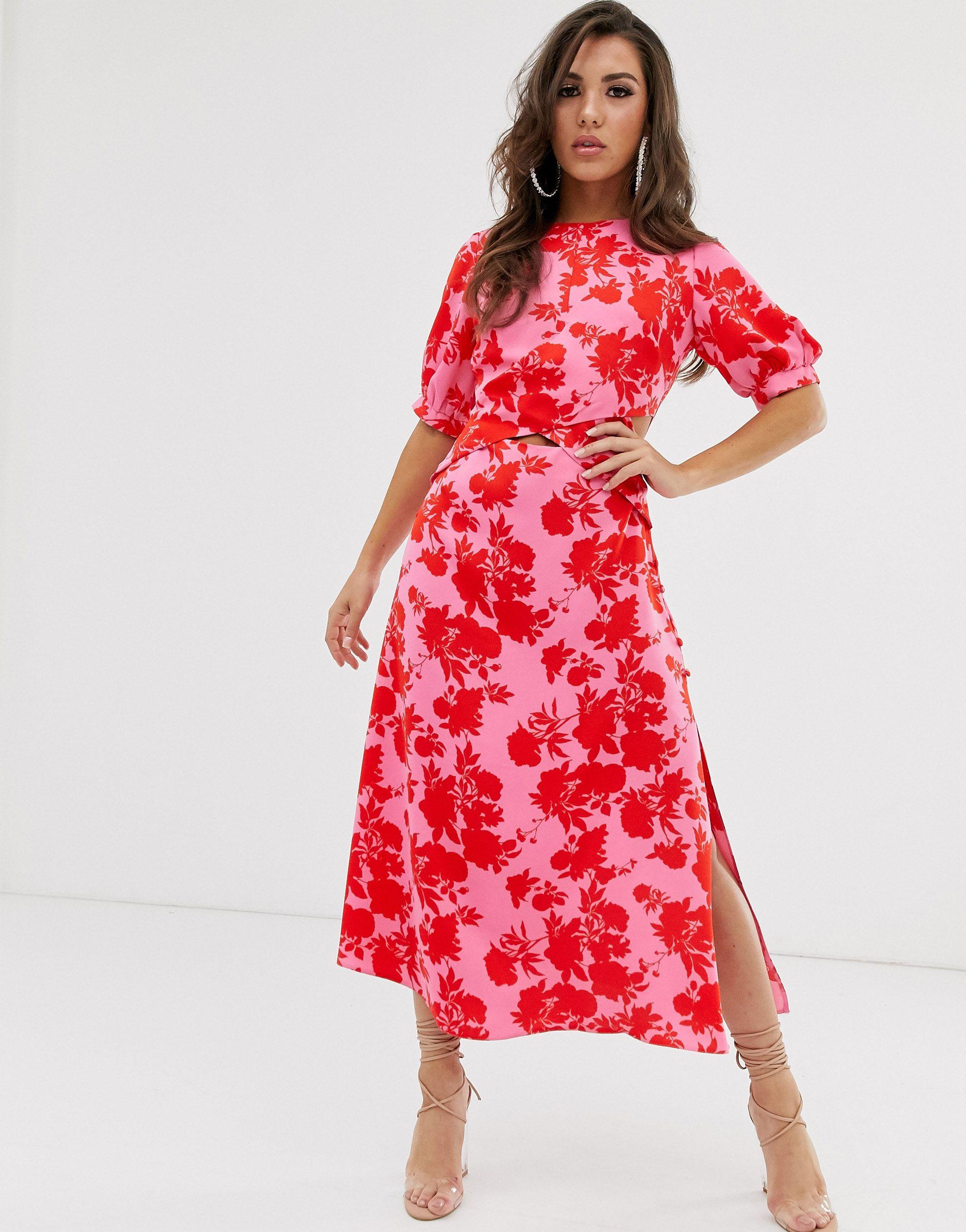 ASOS Puff Sleeve Wrap Front Dress With Cutout in Red Lyst