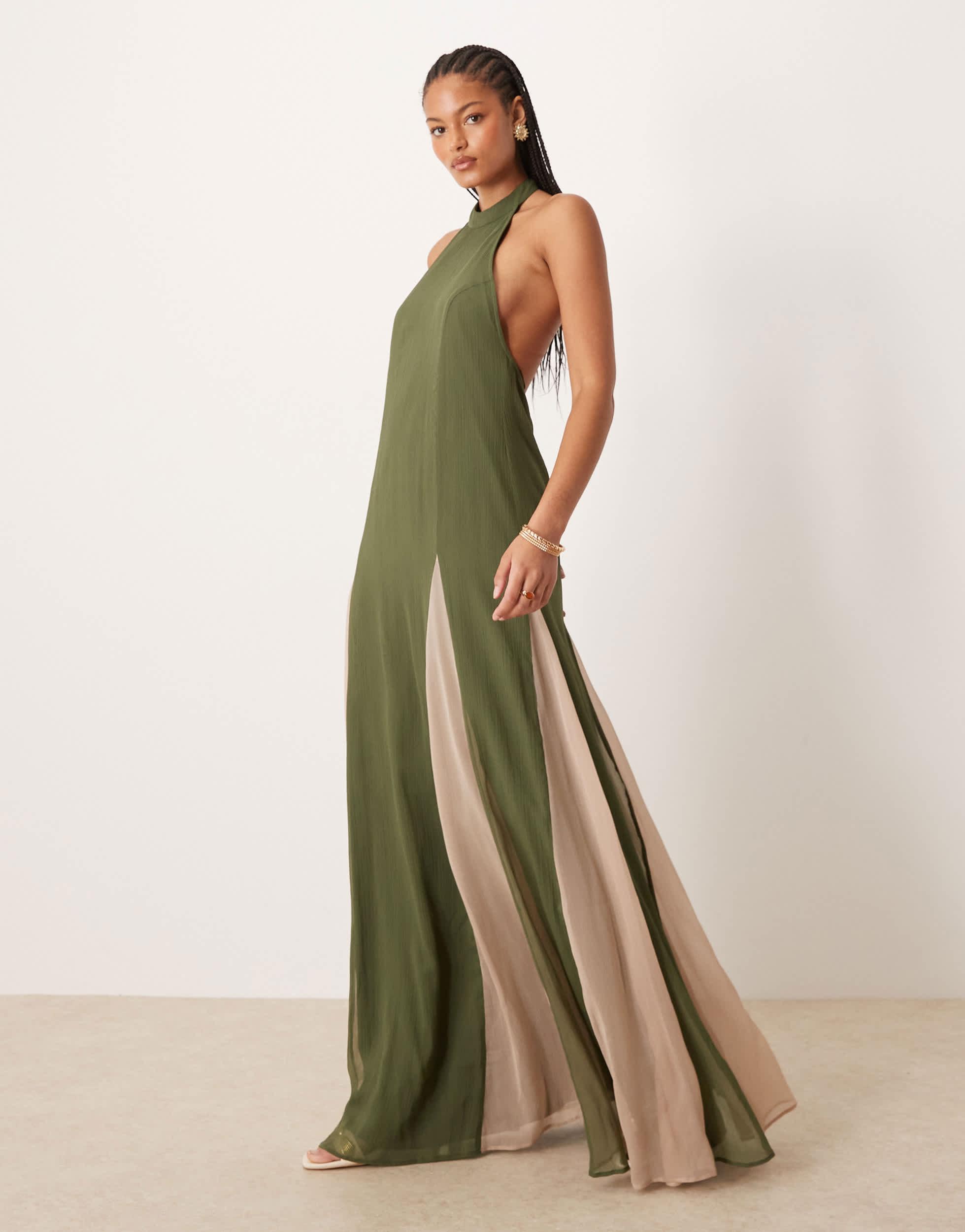 ASOS Asos Design Tall High Neck Chiffon Maxi Dress With Contrast Godet Skirt  in Green | Lyst
