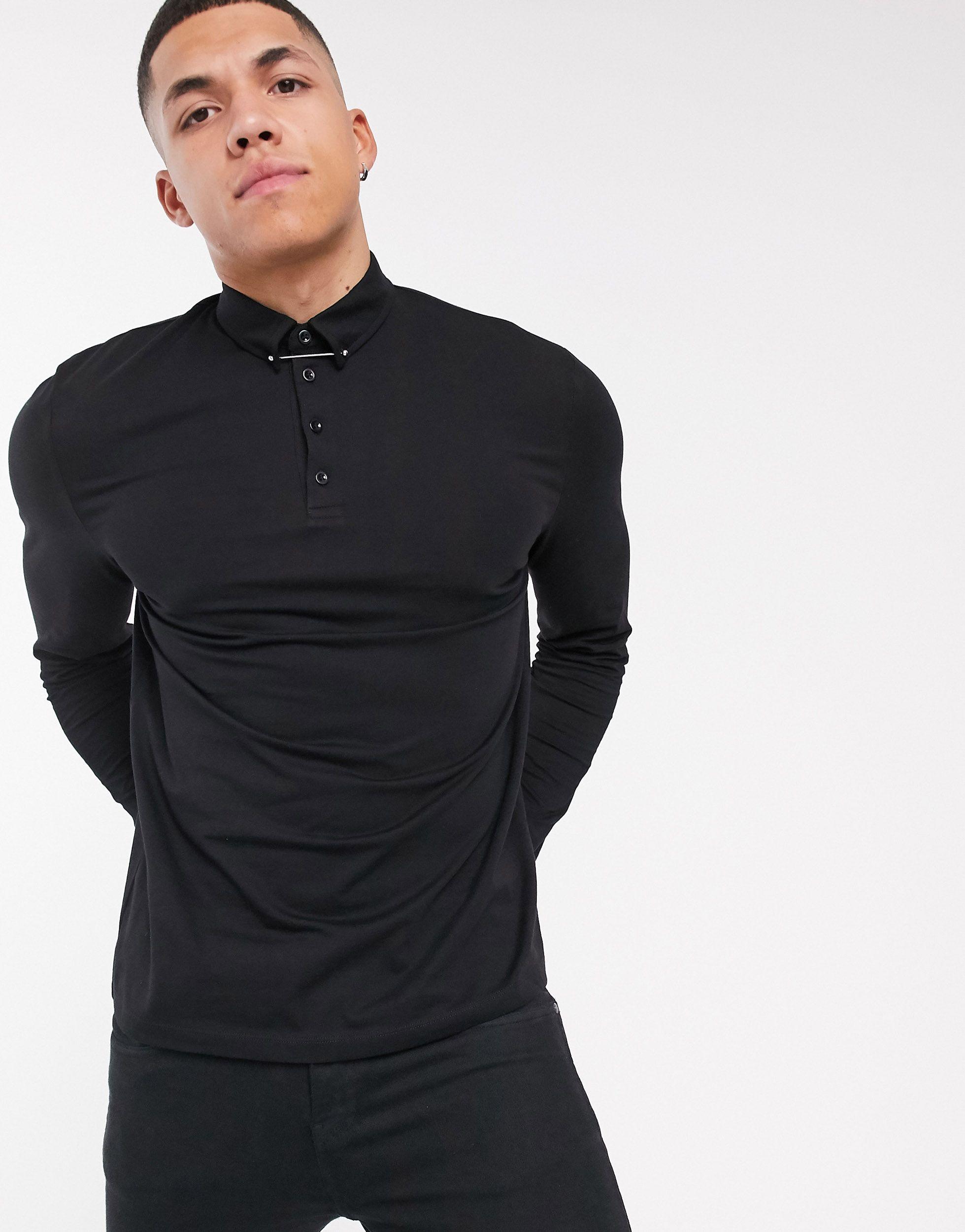 ASOS Cotton Long Sleeve Polo Shirt With Tie Pin Collar in Black for Men |  Lyst