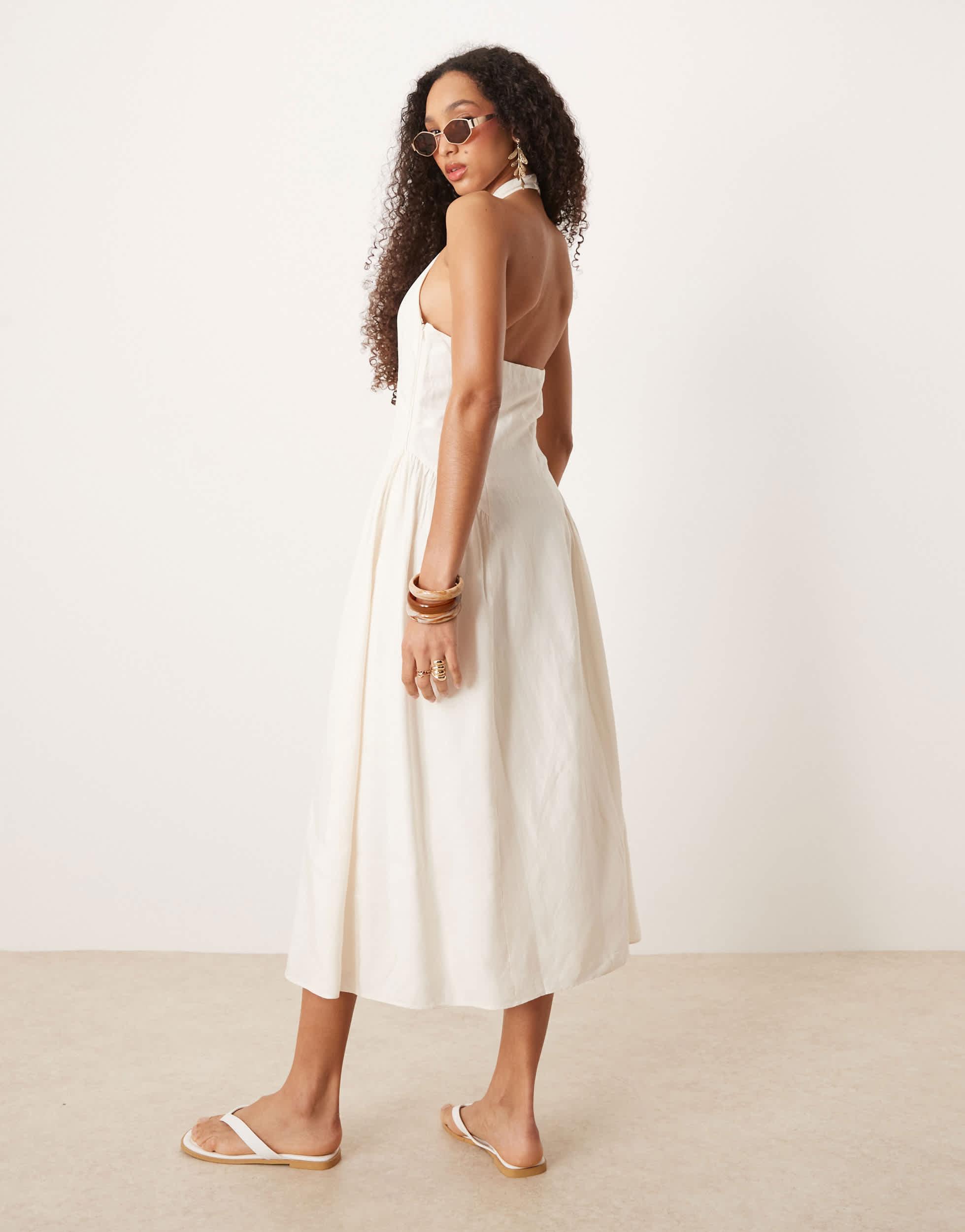 Mango Linen Mix Halter Neck Midi Dress in Brown | Lyst Mango Linen Mix Halter Neck Midi Dress in Brown | Lyst