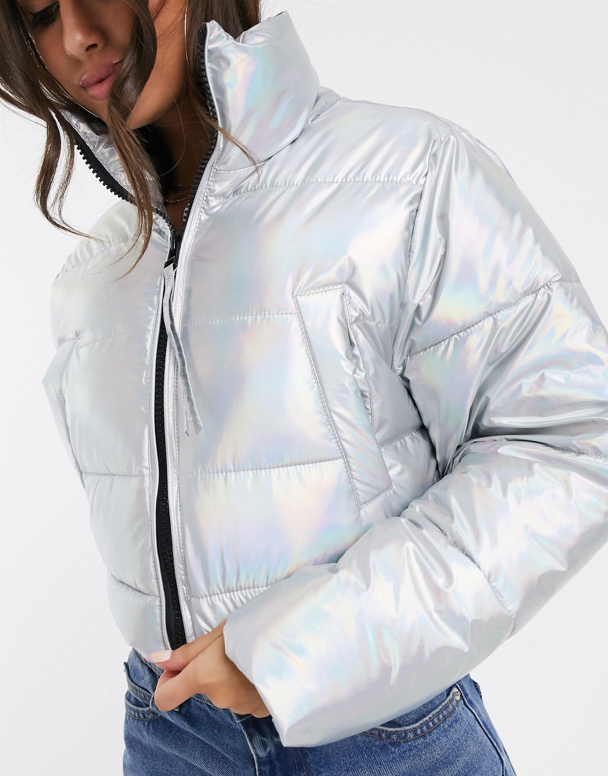 ASOS Holographic Puffer Coat With Zip Off Waist in Metallic | Lyst
